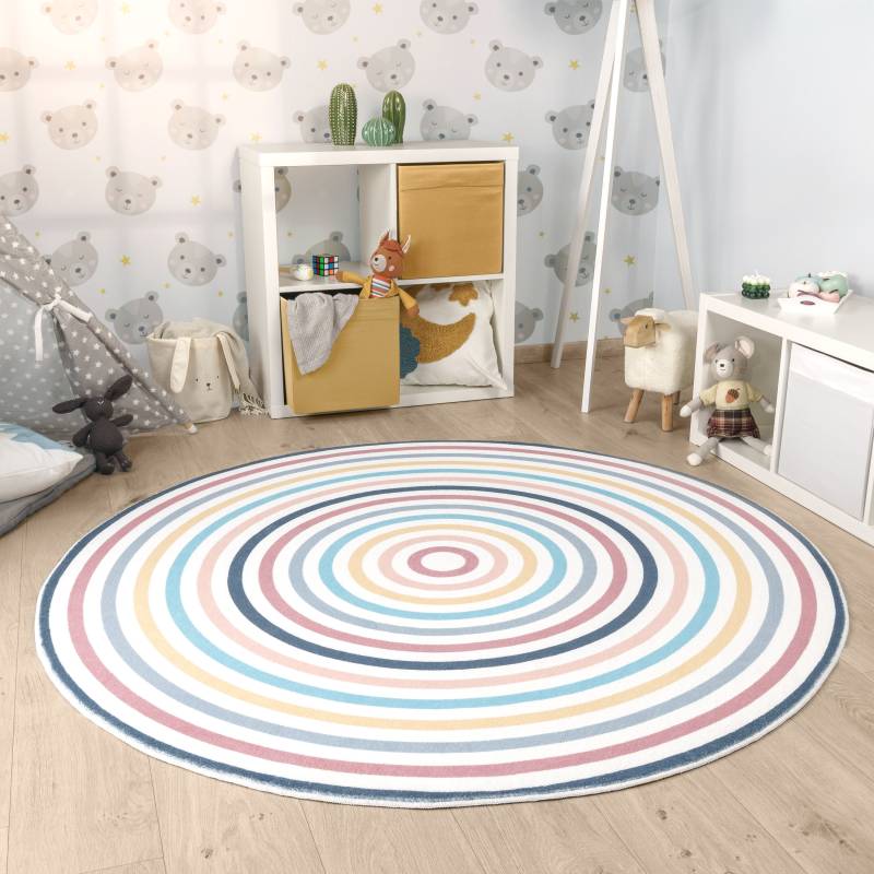 Paco Home Kinderteppich »Niloya 365«, rund, 12 mm Höhe, Spielteppich, Kurzflor, bedruckt, Kreise, gestreift, waschbar von PACO HOME