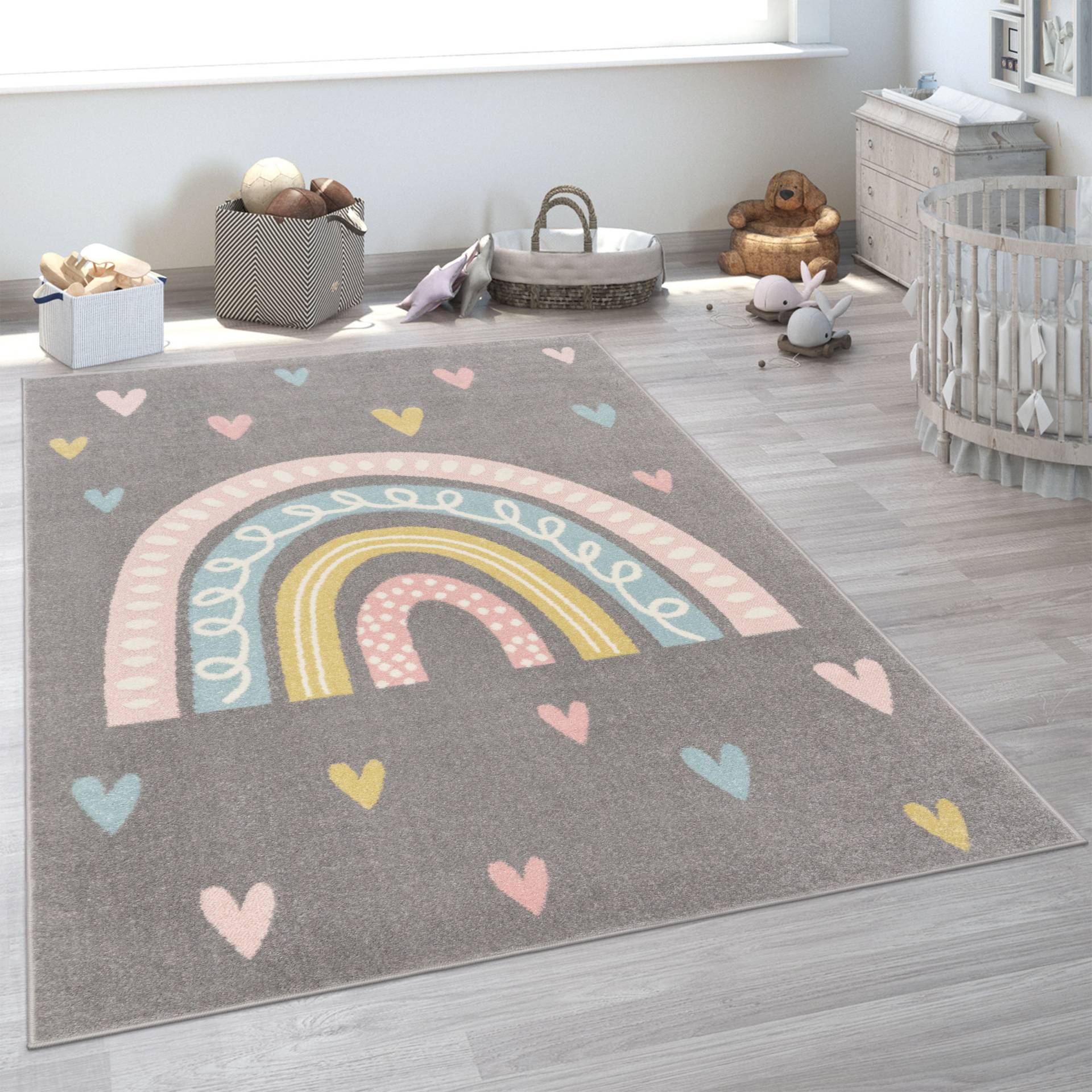 Paco Home Kinderteppich »Nino 887«, rechteckig, 13 mm Höhe, Kurzflor, Spielteppich, Motiv Regenbogen & Herzen, Kinderzimmer von PACO HOME