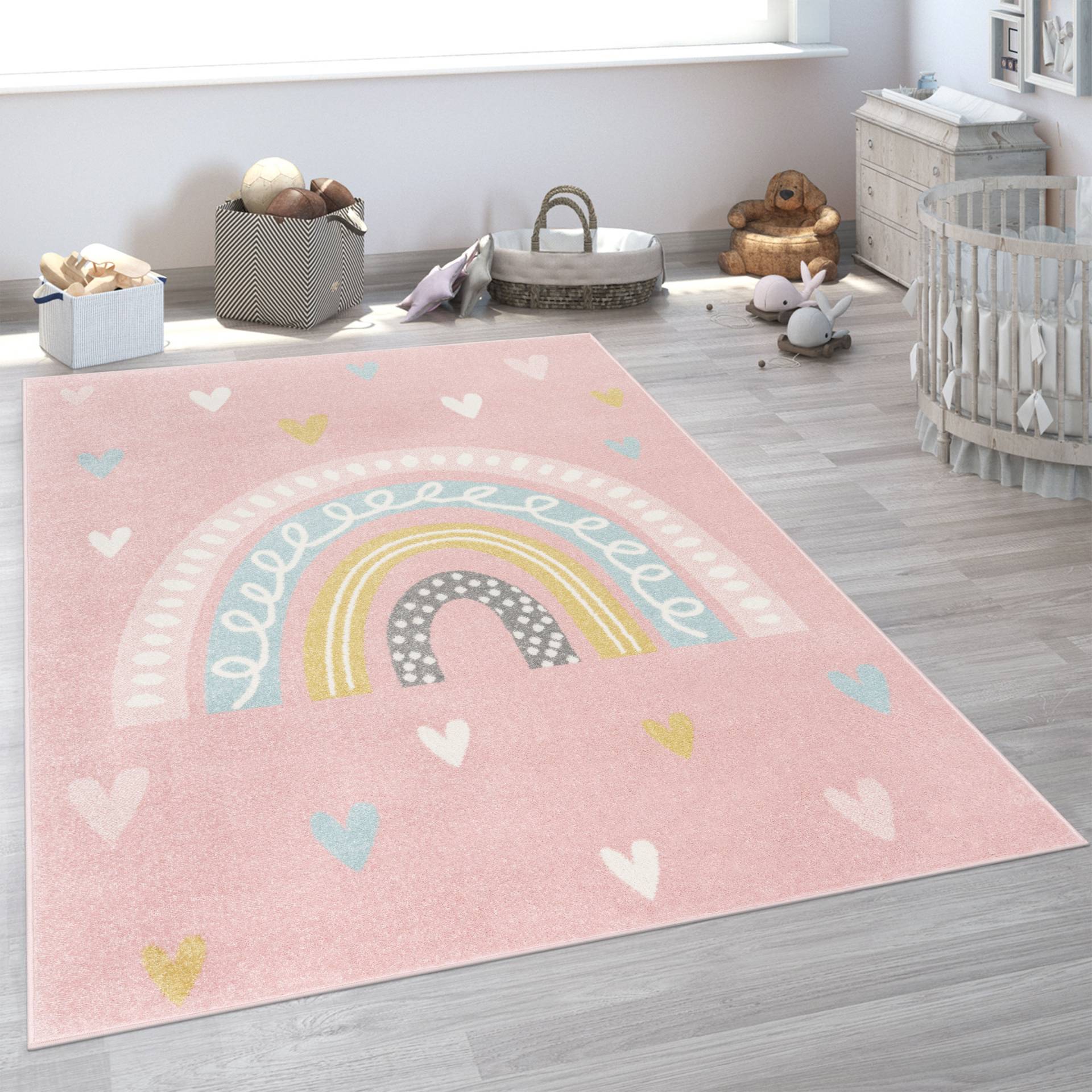 Paco Home Kinderteppich »Nino 887«, rechteckig, 13 mm Höhe, Kurzflor, Spielteppich, Motiv Regenbogen & Herzen, Kinderzimmer von PACO HOME