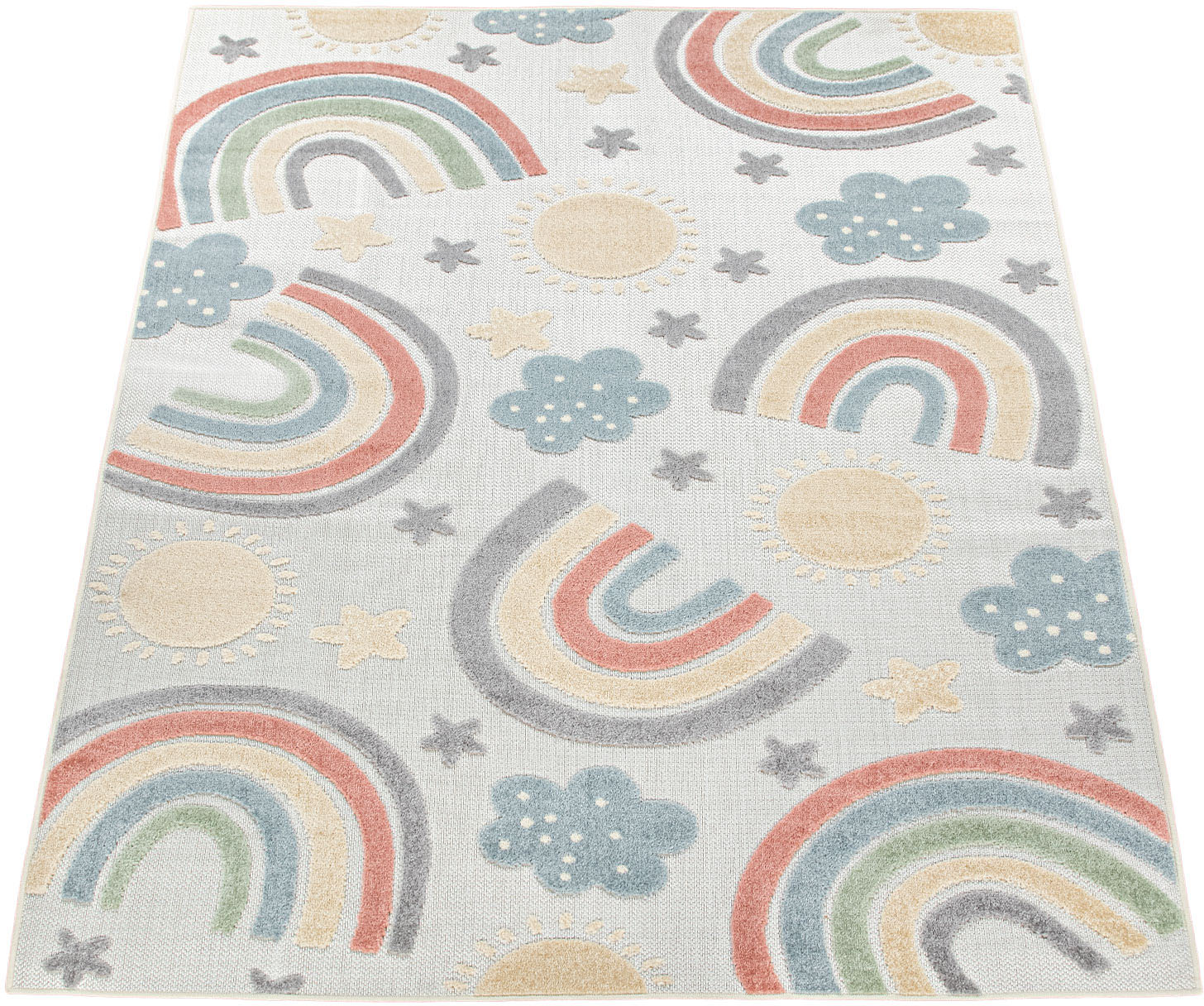 Paco Home Kinderteppich »Tweet 462«, rechteckig, 12 mm Höhe, Flachgewebe, Hoch-Tief-Effekt, Regenbogen & Sterne, Outdoor geeignet von PACO HOME