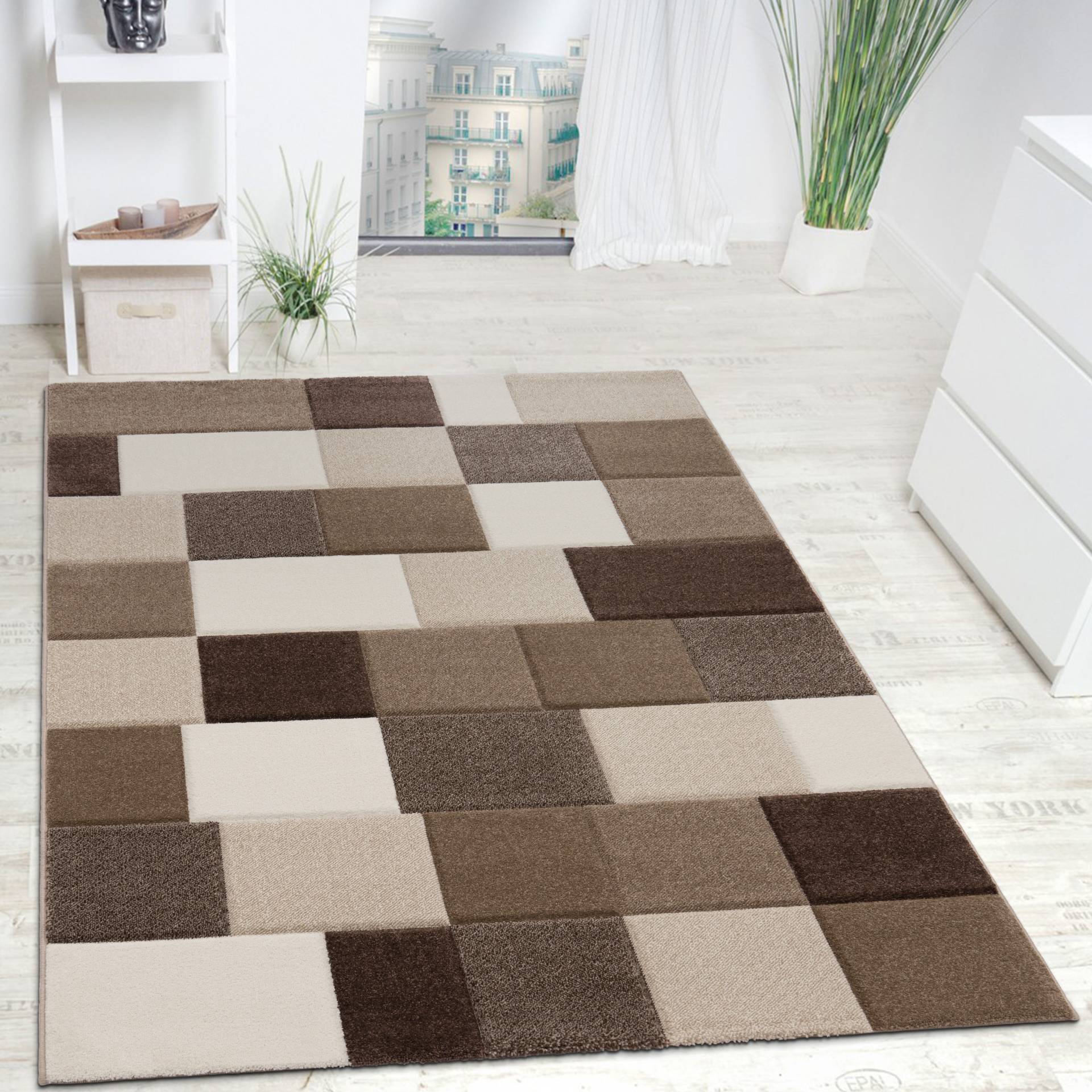 Paco Home Teppich »Brilliance 656«, rechteckig, Kurzflor, modernes Karo Design, handgefertigter Konturenschnitt von PACO HOME