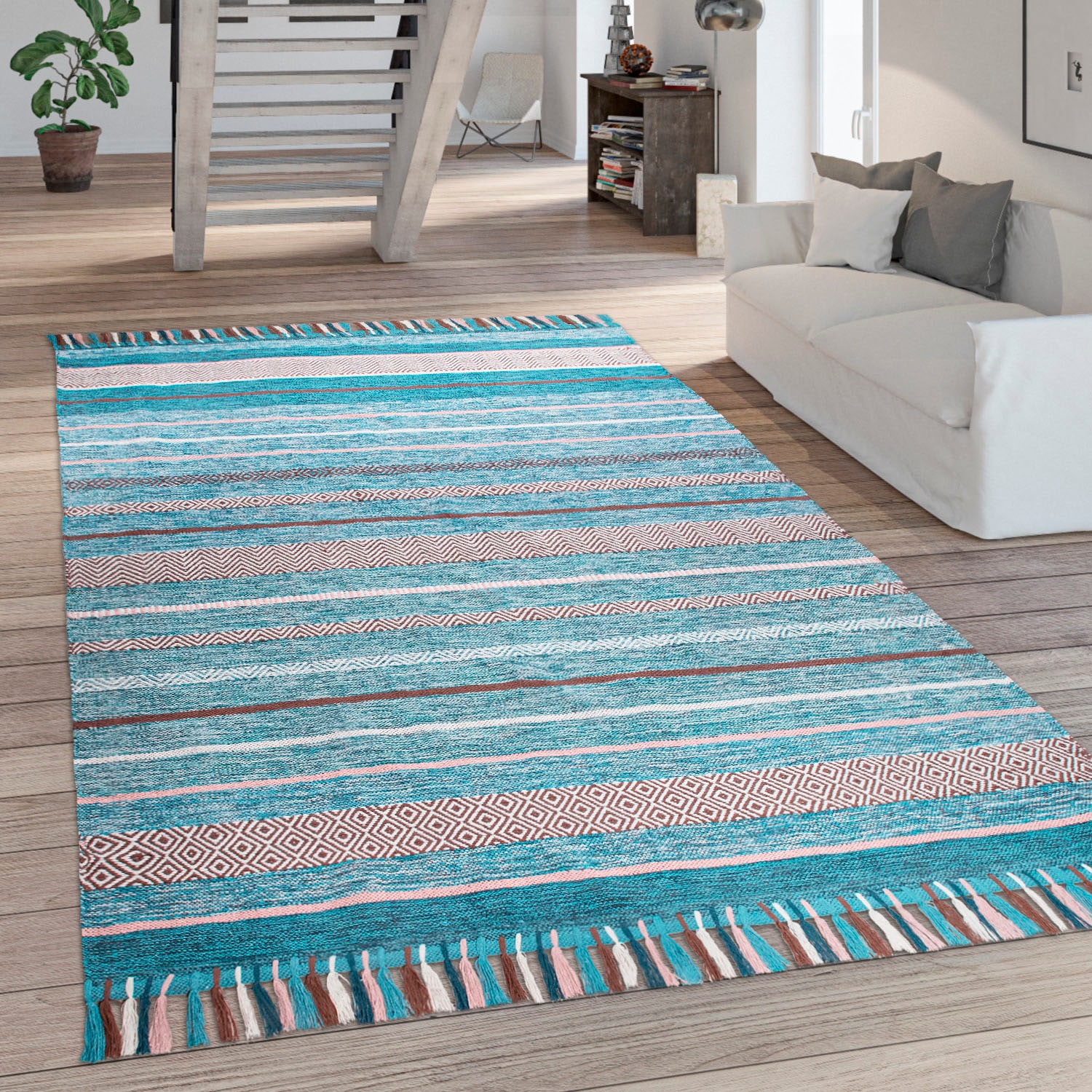 Paco Home Teppich »Kilim 213«, rechteckig, 12 mm Höhe, handgewebter Wendeteppich, reine Baumwolle, gestreift, Wohnzimmer von PACO HOME