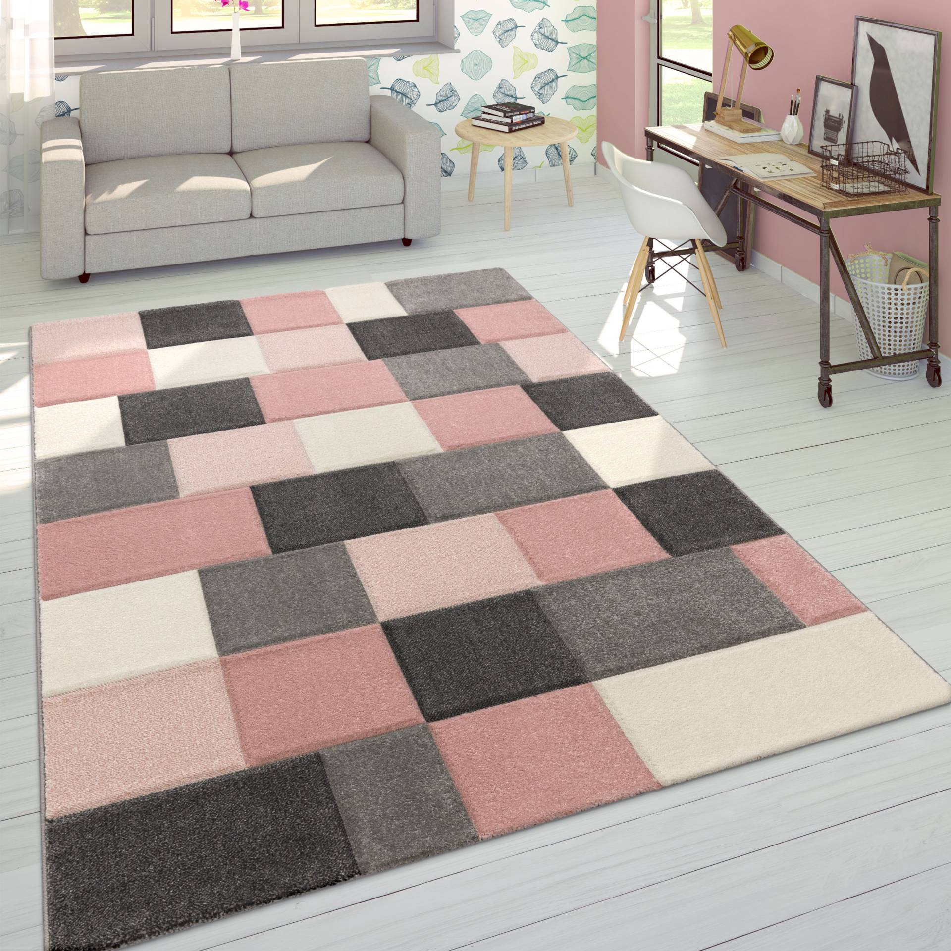 Paco Home Teppich »Lara 646«, rechteckig, Kurzflor, 3D-Design, mit Karo Muster, Wohnzimmer, Schlafzimmer von PACO HOME