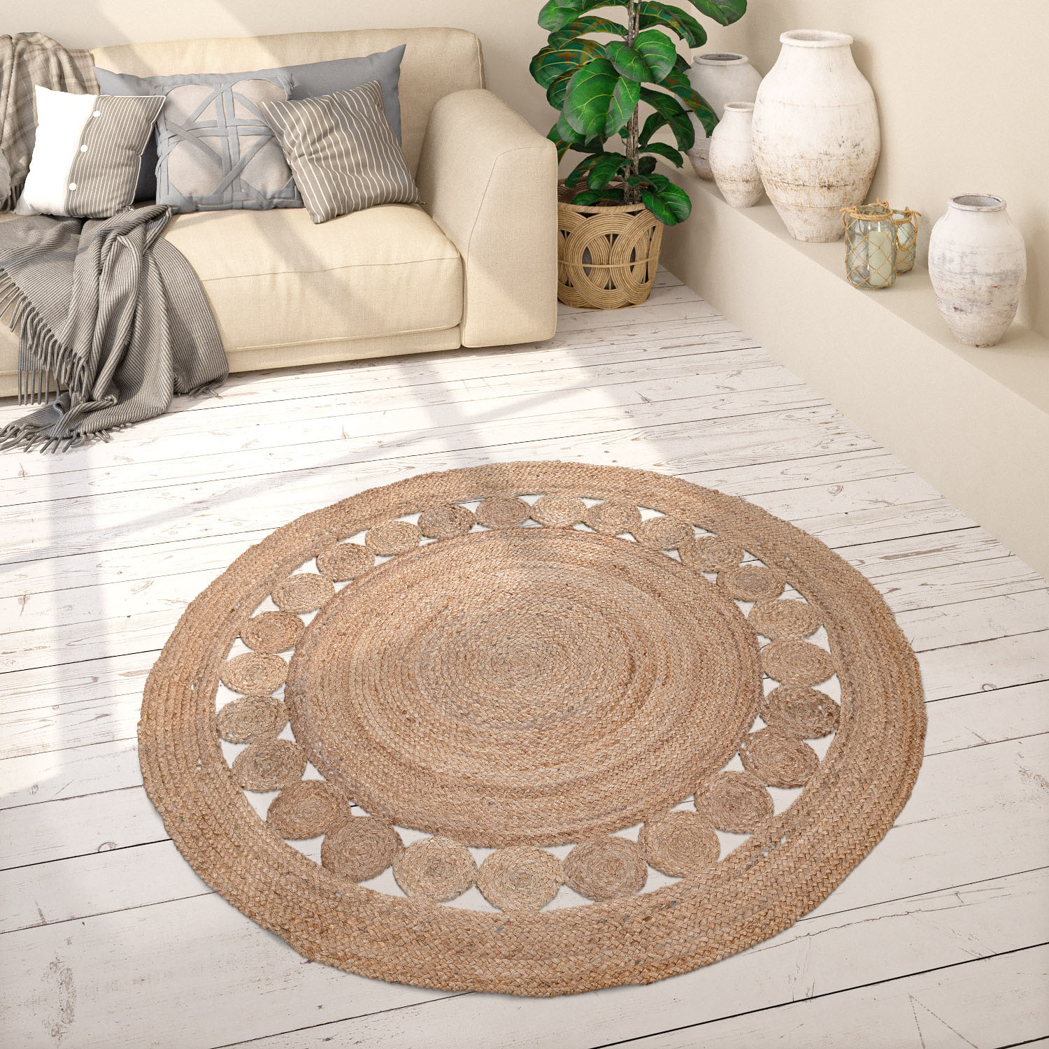 Paco Home Teppich »Viborg 593«, rund, 13 mm Höhe, Jute, Modern, Boho, Ethno, Handgefertigter Natur-Teppich von PACO HOME