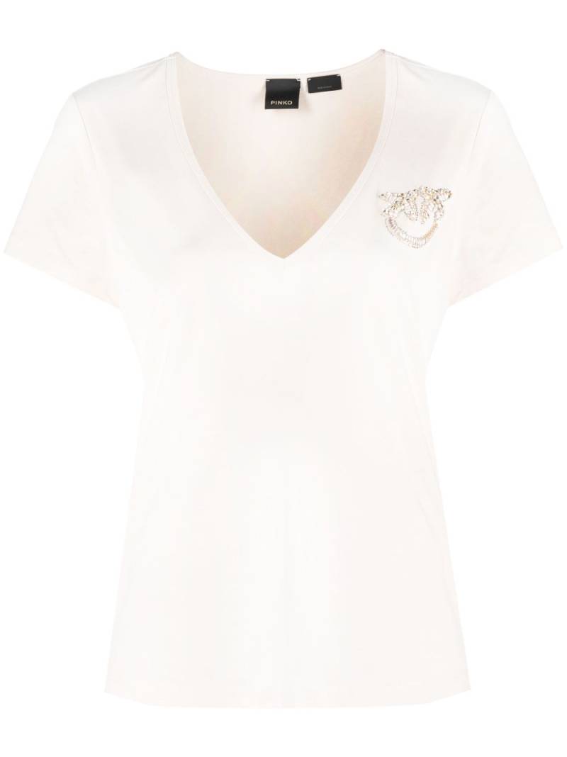 PINKO rhinestone-logo V-neck T-shirt - Neutrals von PINKO