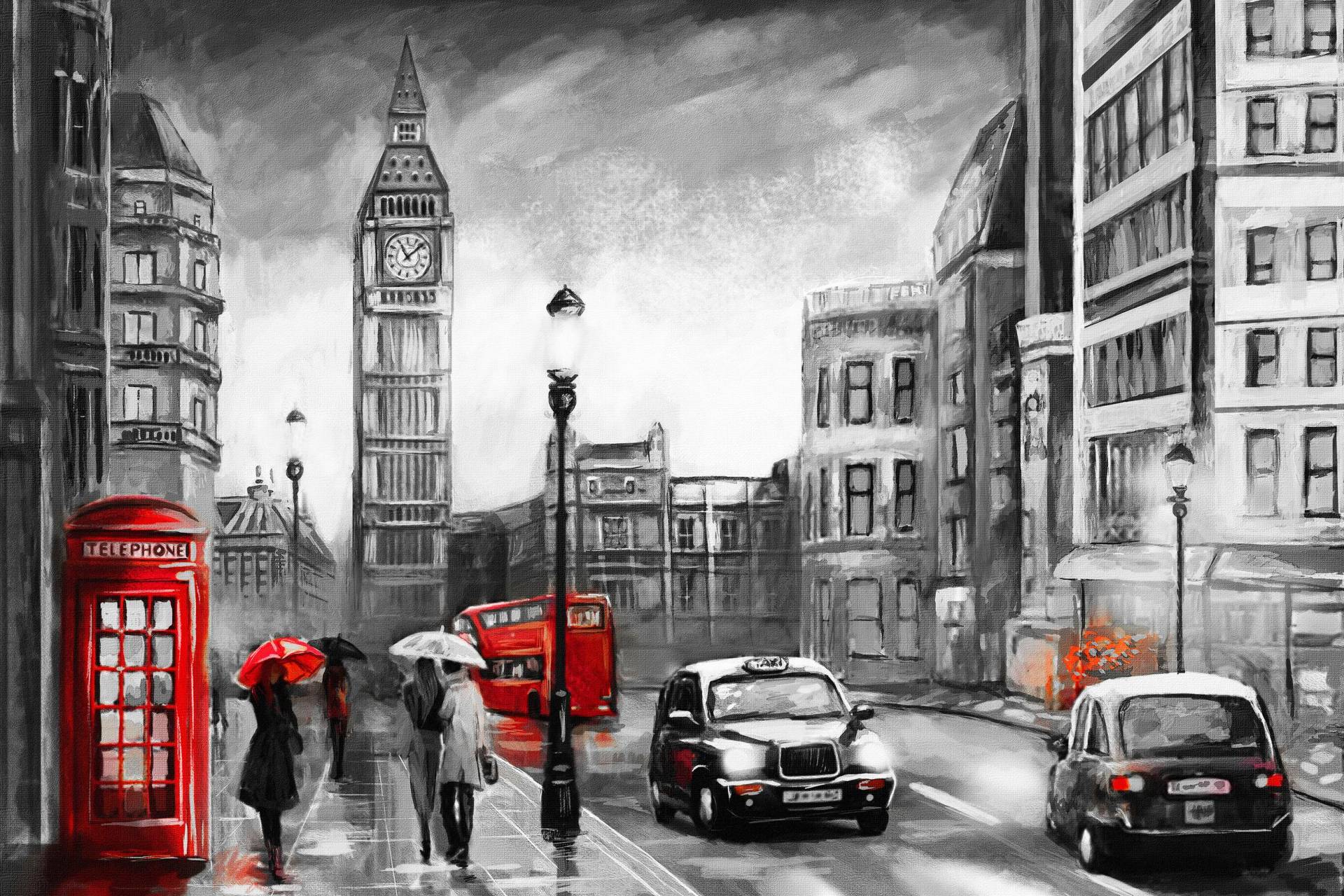 Places of Style Leinwandbild »London«, London-Schwarz-Weiss-Kunst-Modern-Fahrzeuge-Menschen-Rain-Städte, Premium-Leinwandstoff, Handarbeit aus Deutschland, 90x60cm Places of Style Leinwandbild »London«, London-Schwarz-Weiss-Kunst-Modern-Fahrzeuge-Menschen-Rain-Städte, Premium-Leinwandstoff, Handarbeit aus Deutschland, 90x60cm von PLACES OF STYLE