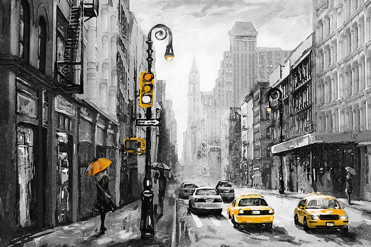 Places of Style Leinwandbild »New York«, New York-Taxis-Schwarz-Weiss-Städte, Premium-Leinwandstoff, Handarbeit aus Deutschland, 120x80cm von PLACES OF STYLE