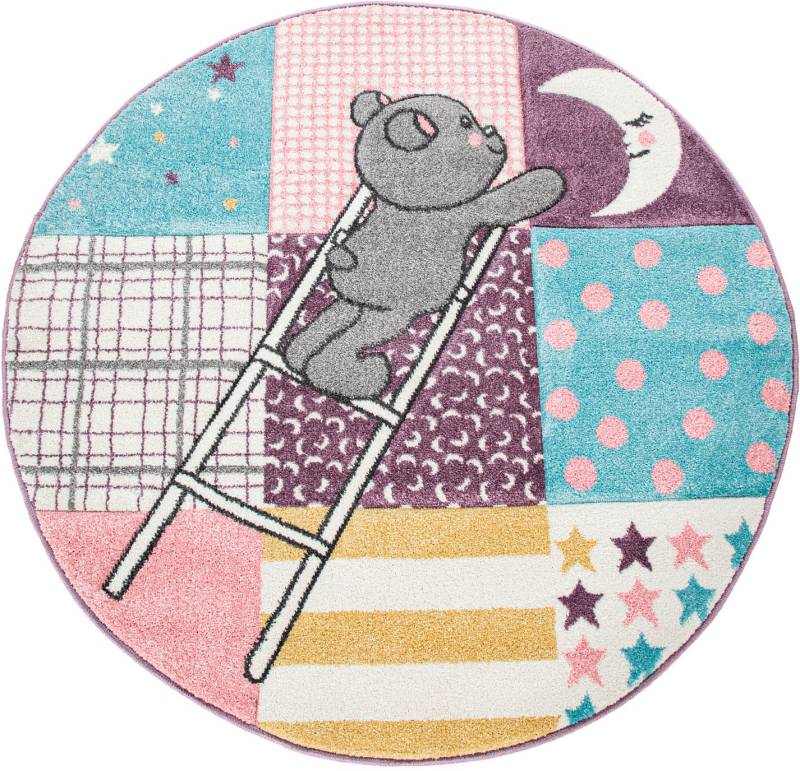 Paco Home Kinderteppich »Ela 399«, rund, 3D-Design, Patchwork Muster, Motiv Bär, Sterne & Punkte, Kinderzimmer von PACO HOME