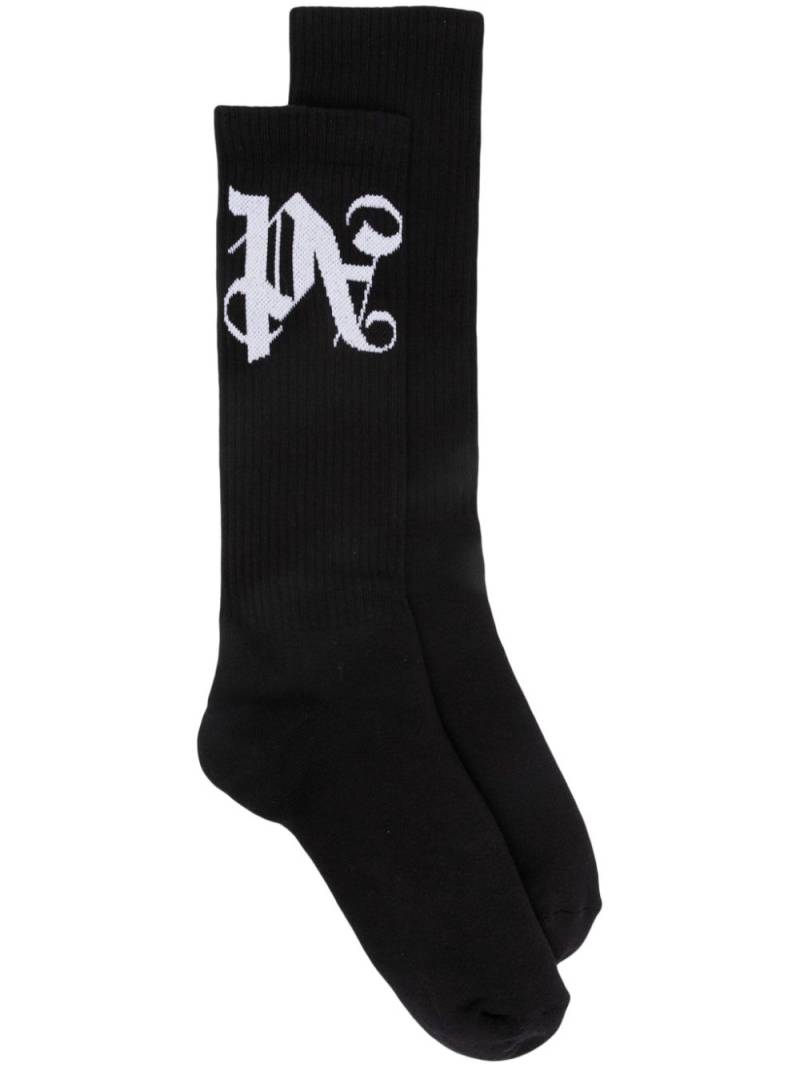 Palm Angels monogram-intarsia ribbed socks - Black von Palm Angels