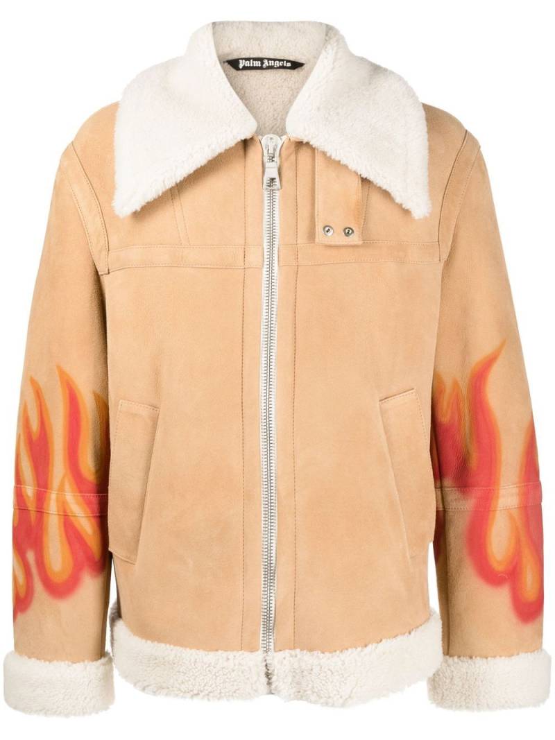 Palm Angels flame-print shearling jacket - Neutrals von Palm Angels