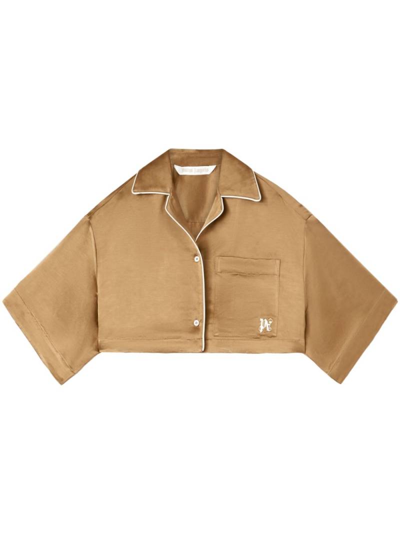 Palm Angels monogram-embroidered satin cropped shirt - Neutrals von Palm Angels