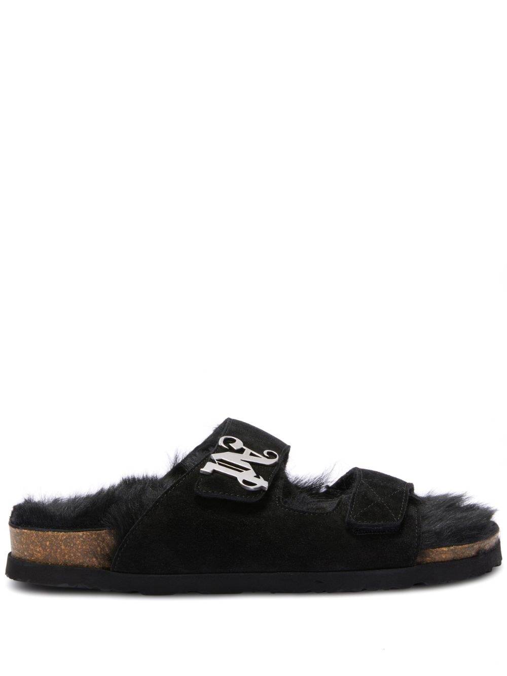 Palm Angels monogram-plaque faux-fur sandals - Black von Palm Angels