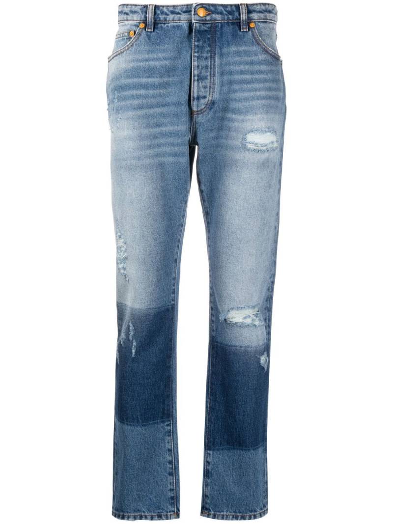 Palm Angels x Moncler distressed straight-leg jeans - Blue von Palm Angels