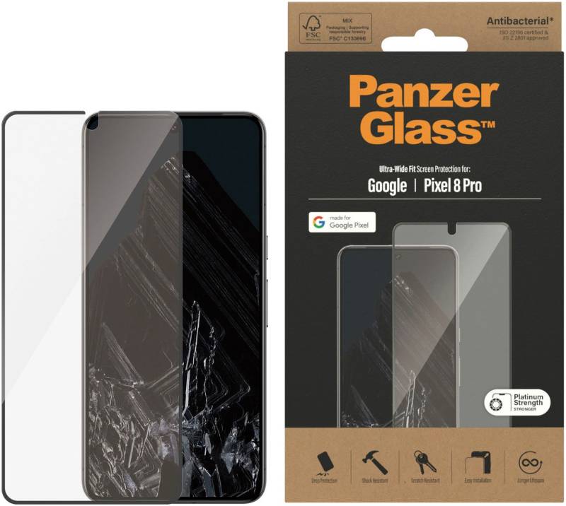 PanzerGlass Displayschutzfolie »Displayschutz Google Pixel 8 Pro - Ultra-Wide Fit«, für Google Pixel 8 Pro, (1 St.), Kratz-& Stossfest,Antibakteriell,Berührungsempfindlich,Simpel Anbringen von PanzerGlass