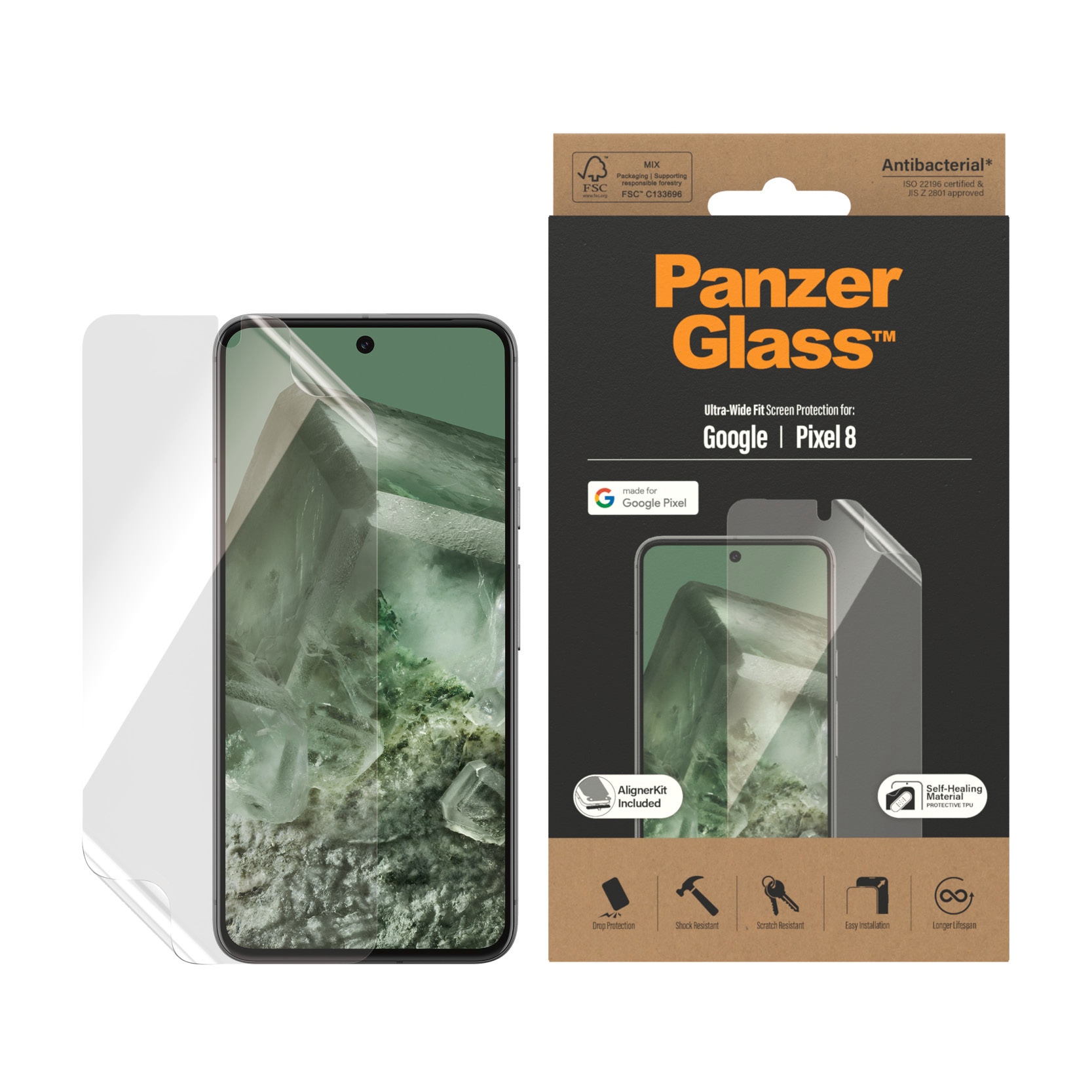 PanzerGlass Displayschutzfolie »Protector Film«, für Google Pixel 8, Ultra Wide Fit Displayschutz mit Aligner von PanzerGlass