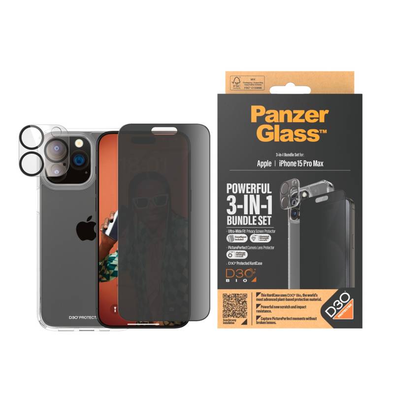 PanzerGlass Displayschutzglas »3-in-1 Bundle Pack Privacy«, für Apple iPhone 15 Pro Max, Displayschutzfolie, Bildschirmschutz, Schutzglas, kratz- & stossfest von PanzerGlass