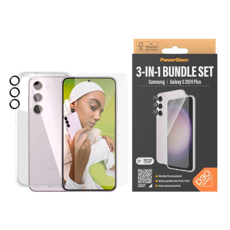 PanzerGlass Displayschutzglas »3-in-1 Bundle Set Screen Protector, Case und Camera Lens Protector«, für Samsung Galaxy S24+, Displayschutzfolie, Backcover, Lens Cover, Rundumschutz von PanzerGlass