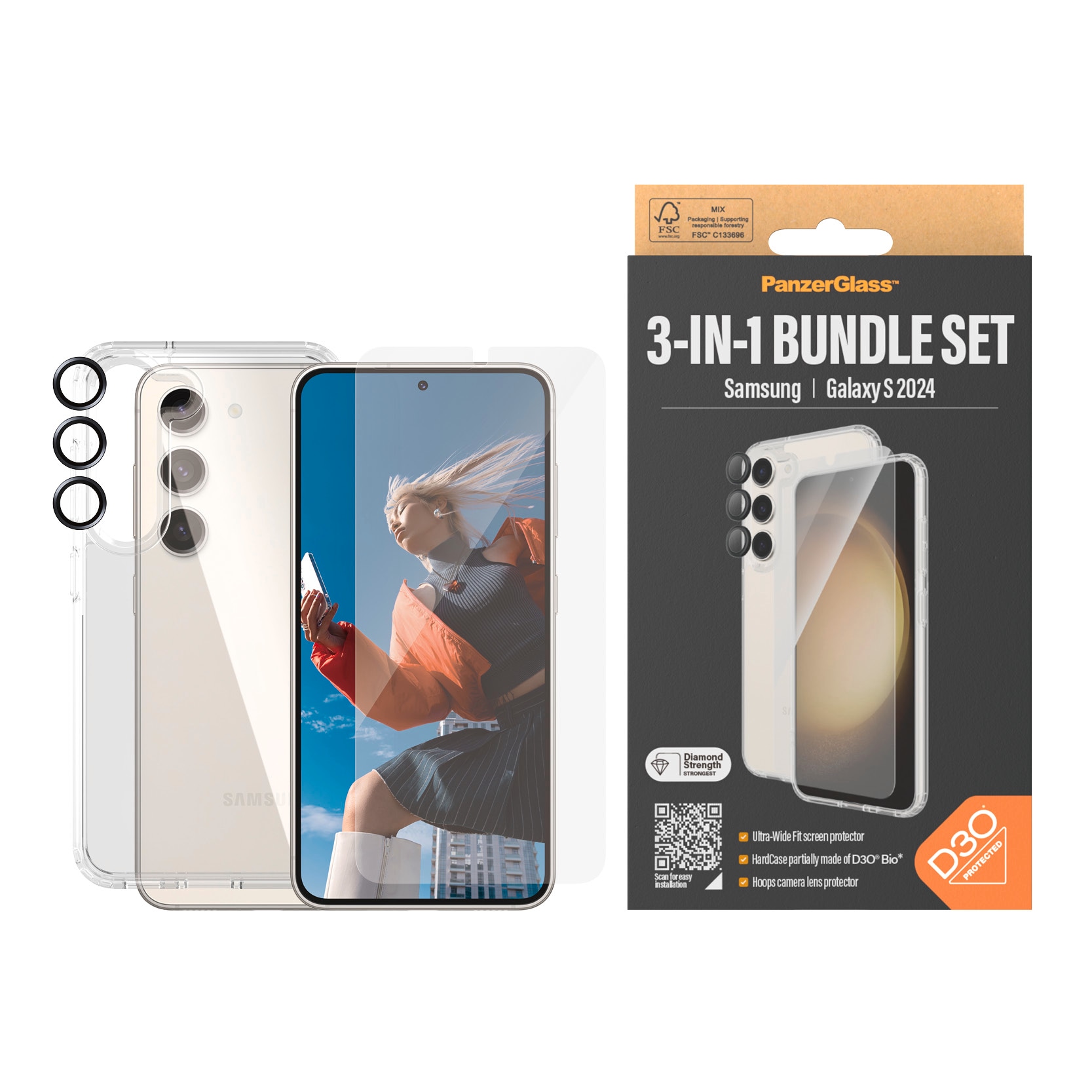 PanzerGlass Displayschutzglas »3-in-1 Bundle Set Screen Protector, Case und Camera Lens Protector«, für Samsung Galaxy S24, Displayschutzfolie, Backcover, Lens Cover, Rundumschutz von PanzerGlass