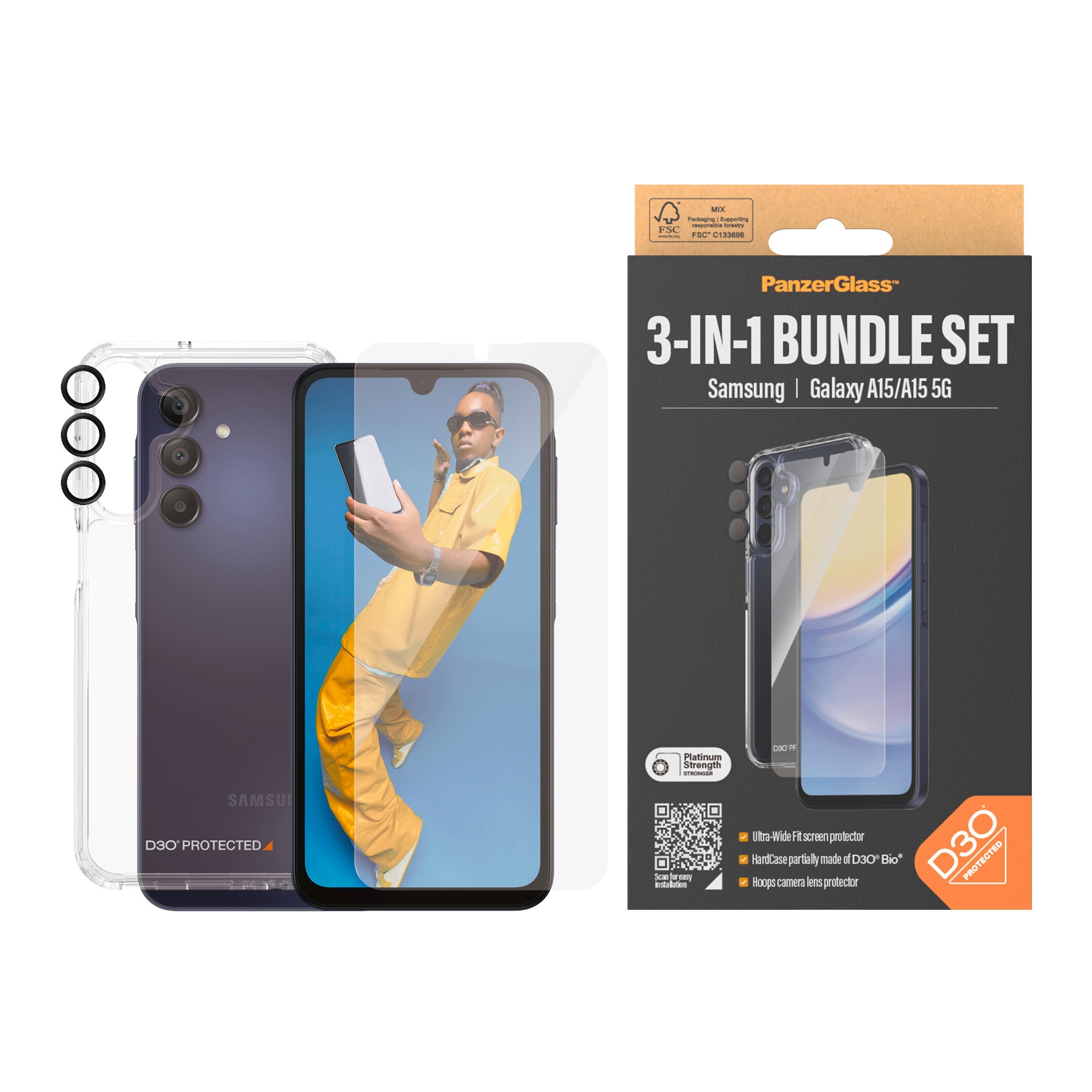 PanzerGlass Displayschutzglas »3-in-1 Bundle Set Ultra Wide Fit mit D3O«, für Samsung Galaxy A15-Samsung Galaxy A15 5G, Displayschutzfolie, Displayschutz, 360° Rundumschutz, mit D3O von PanzerGlass