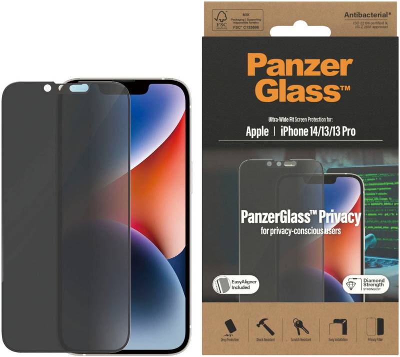 PanzerGlass Displayschutzglas »Privacy Apple iPhone 14/13/13 Pro - Ultra-Wide Fit inkl. EasyAligner«, für Apple iPhone 13-Apple iPhone 13 Pro-Apple iPhone 14, (Set, Displayschutz mit Installationshilfe EasyAligner) von PanzerGlass