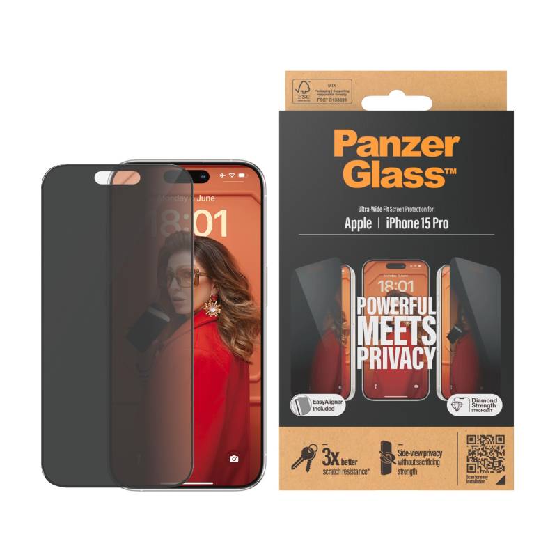 PanzerGlass Displayschutzglas »Privacy Screen Protector Glass«, für iPhone 15 Pro, Ultra Wide Fit von PanzerGlass