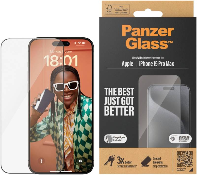 PanzerGlass Displayschutzglas »Displayschutz iPhone 15 Pro Max«, für iPhone 15 Pro Max, (1 St., Displayschutz mit Installationshilfe EasyAligner), Kratz-& Stossfest, Antibakteriell, Vergilbungsresistent von PanzerGlass