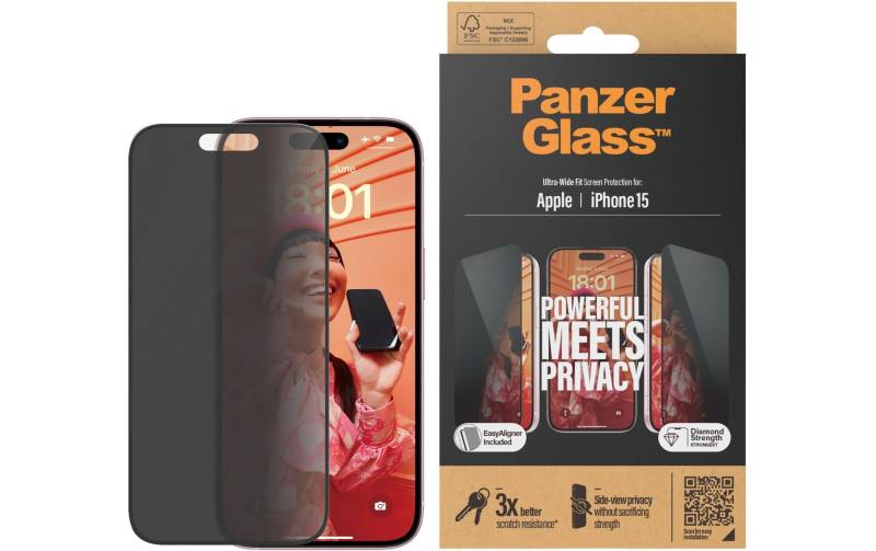 PanzerGlass Displayschutzglas »Ultra Wide Fit Privacy iPhone 15«, für iPhone 15, (1 St.) von PanzerGlass