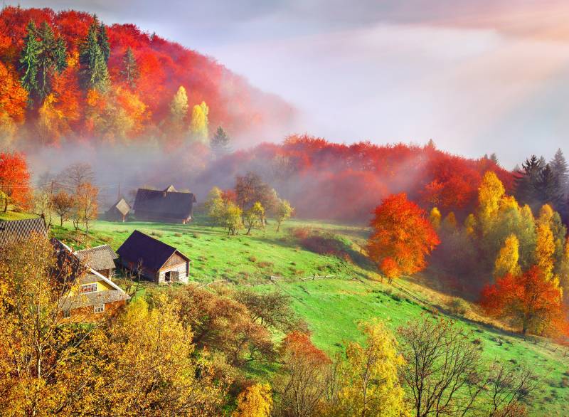 Papermoon Fototapete »Autum Mountain Village« von Papermoon