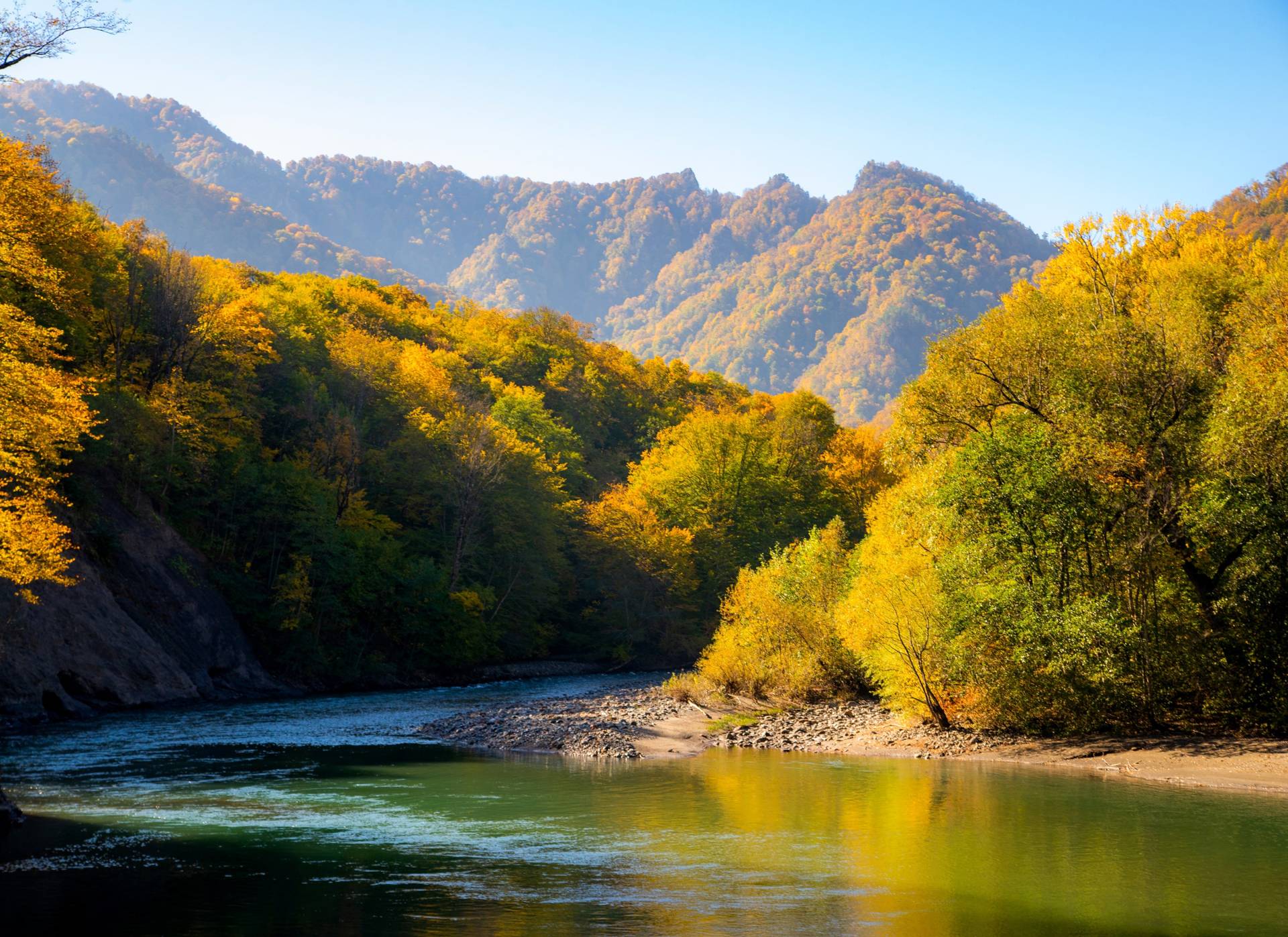 Papermoon Fototapete »Autumn Mountain Forest River« von Papermoon