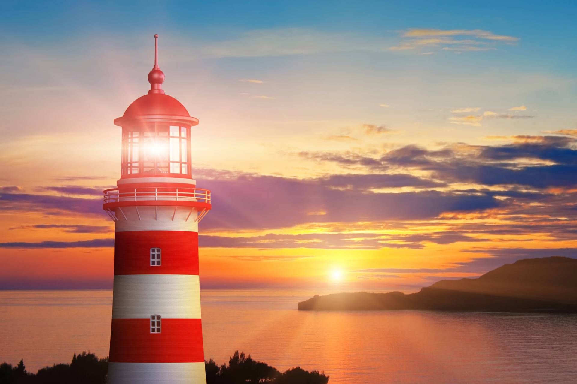 Papermoon Fototapete »LEUCHTTURM-SONNENUNTERGANG WIESE MEER OZEAN KÜSTE BERGE« von Papermoon