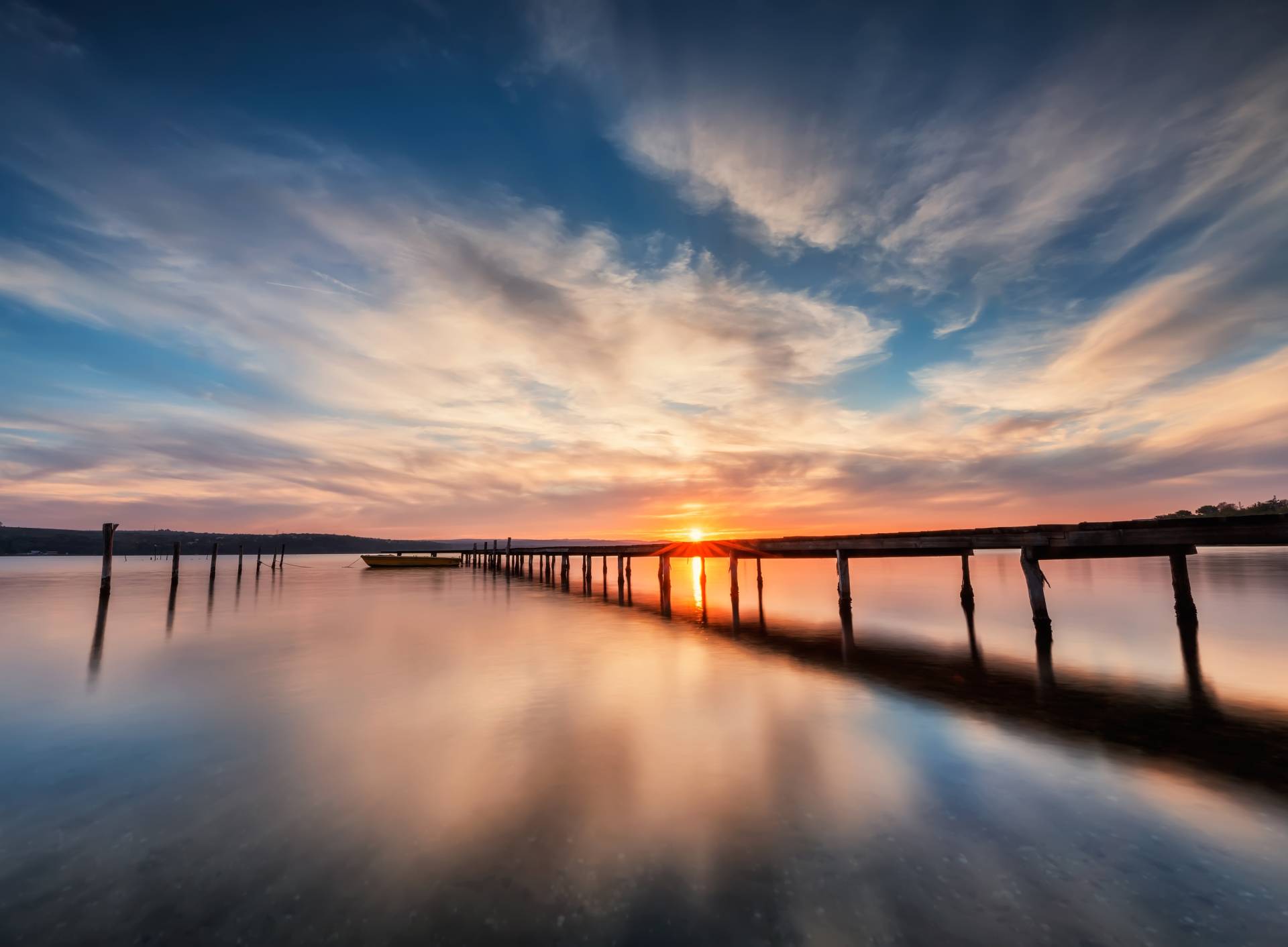 Papermoon Fototapete »Lake Sunset Wooden Pier« von Papermoon