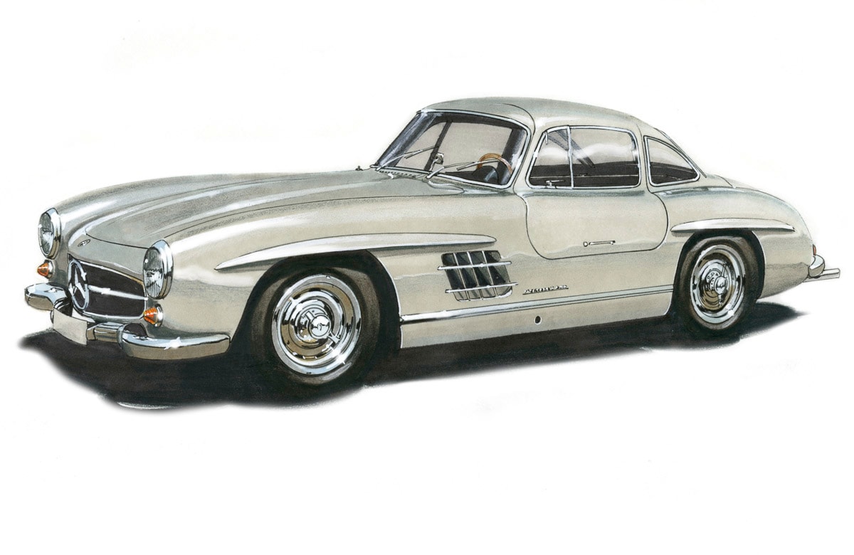 Papermoon Fototapete »MB300SL GULLWING 1954 -VINTAGE AUTO ILLUSTRATION RETRO« von Papermoon