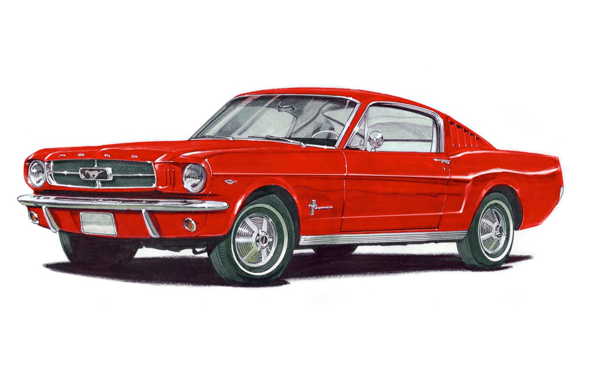 Papermoon Fototapete »MUSTANG FASTBACK 1965-VINTAGE AUTO ILLUSTRATION RETRO« von Papermoon