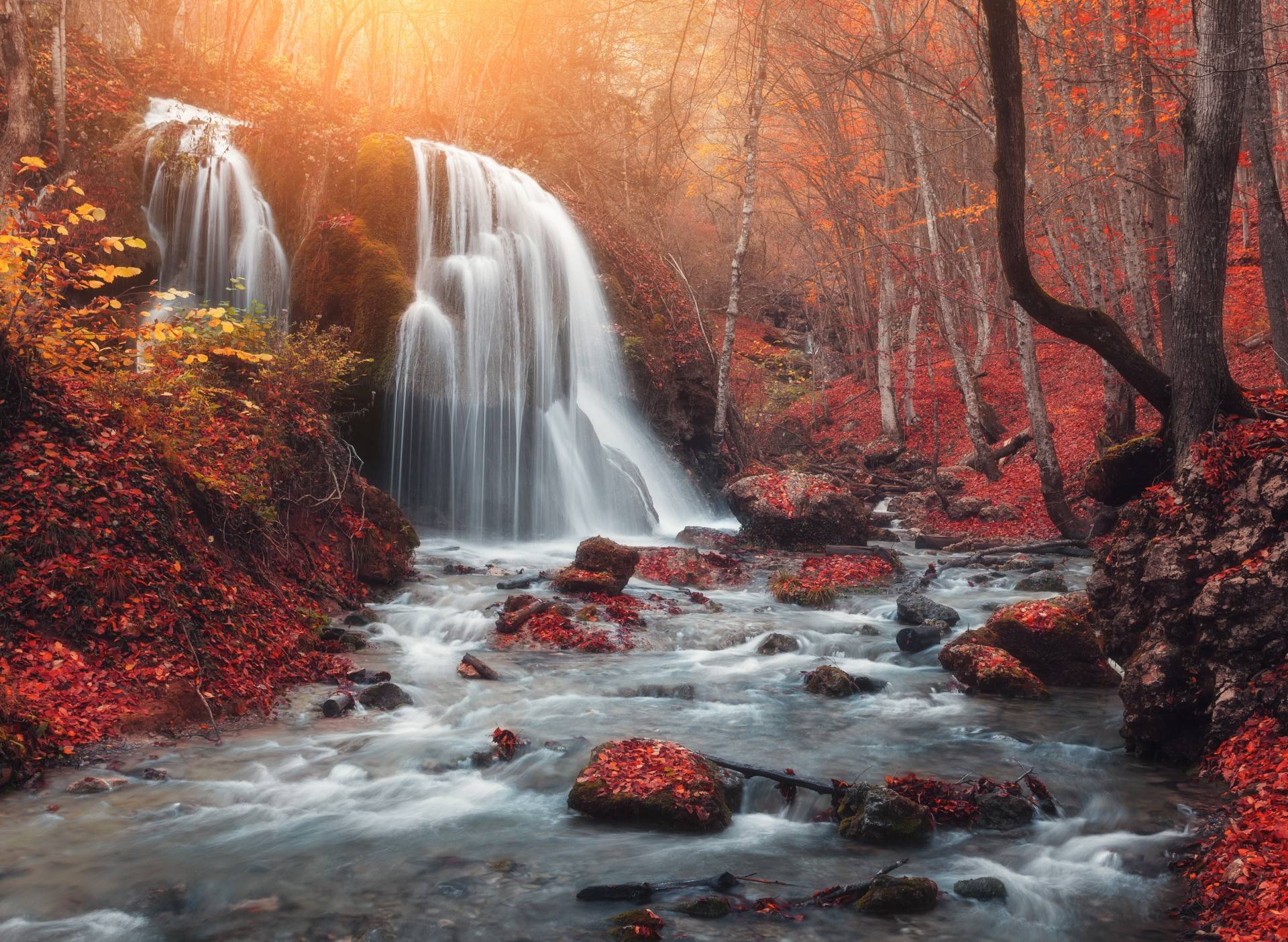 Papermoon Fototapete »Mountain Sunset Waterfall« von Papermoon