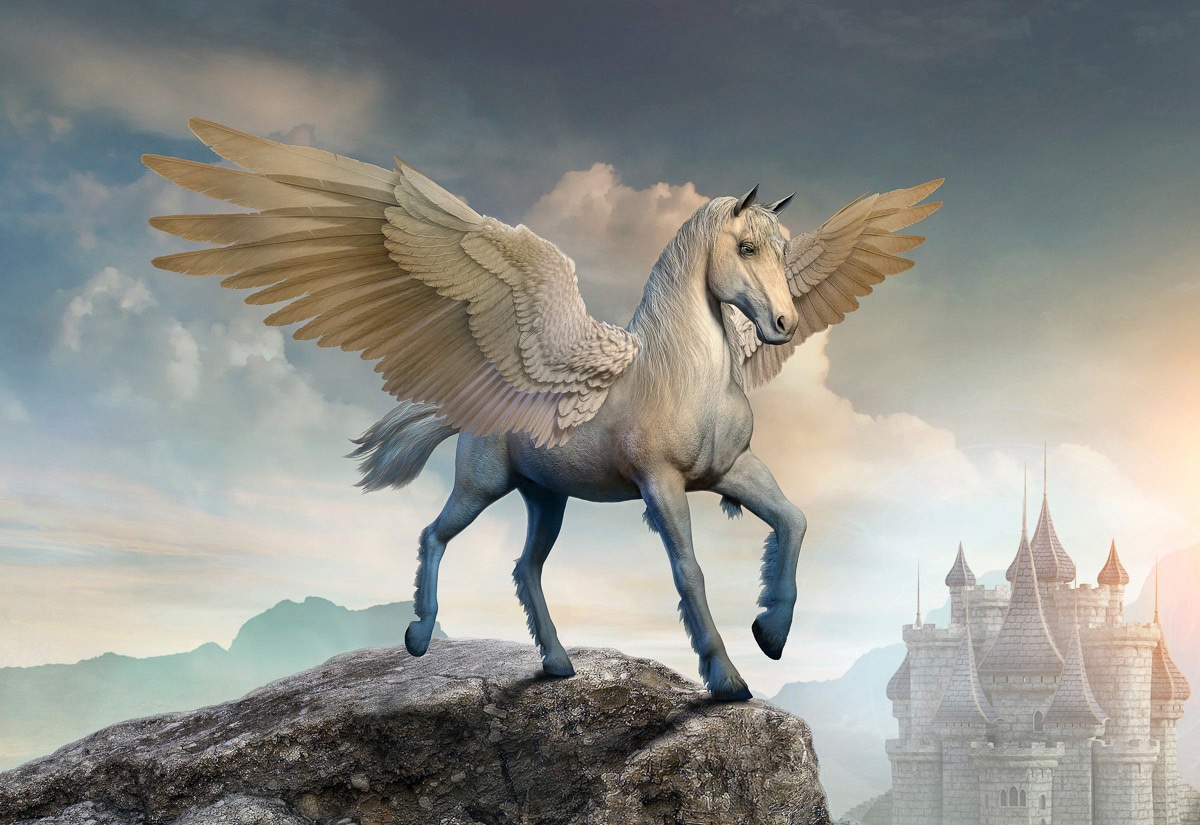 Papermoon Fototapete »PEGASUS-PFERDE TIERE PFERD SCHLOSS PALAST FANTASY DEKO« von Papermoon