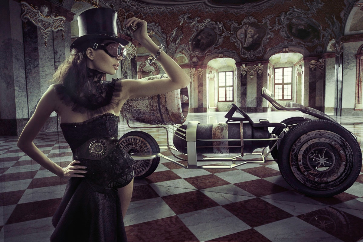 Papermoon Fototapete »STEAMPUNK-FRAU SEXY FANTASIE SURREAL KUNST RETRO AUTO« von Papermoon