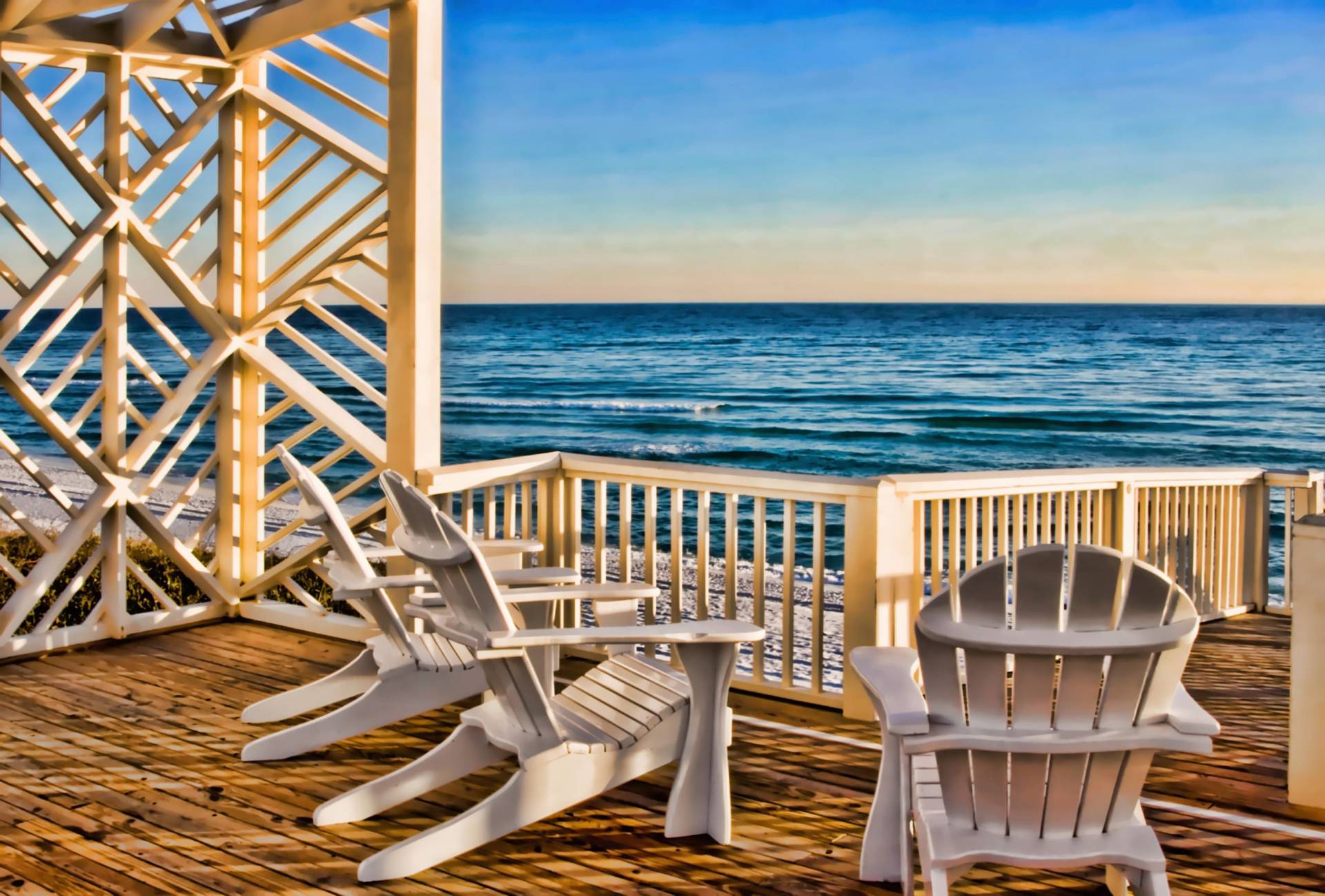 Papermoon Fototapete »TERRASSE-SEE MEER STRAND PALMEN DÜNEN KARIBIK SÜDSEE« von Papermoon