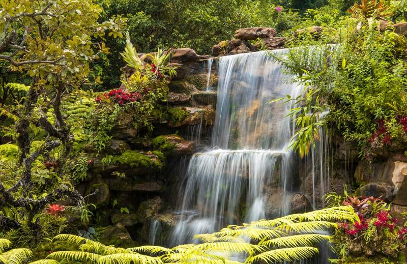 Papermoon Fototapete »WASSERFALL-FLUSS SEE WALD STEINE BLUMEN BERGE BACH XXL« von Papermoon