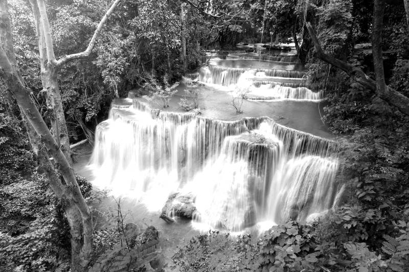 Papermoon Fototapete »Wasserfall im Wald Schwarz & Weiss« von Papermoon