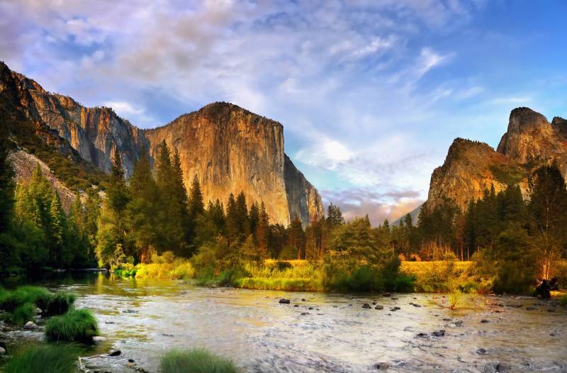 Papermoon Fototapete »YOSEMITE TAL-GEBIRGE BLUME BERGE SONNE WALD FLUSS FELSE« von Papermoon