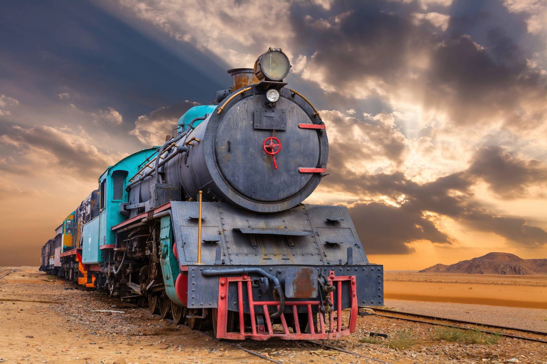 Papermoon Fototapete »ZUG-LOKOMOTIVE WADI RUM WÜSTE JORDANIEN WAGEN GEBIRGE« von Papermoon