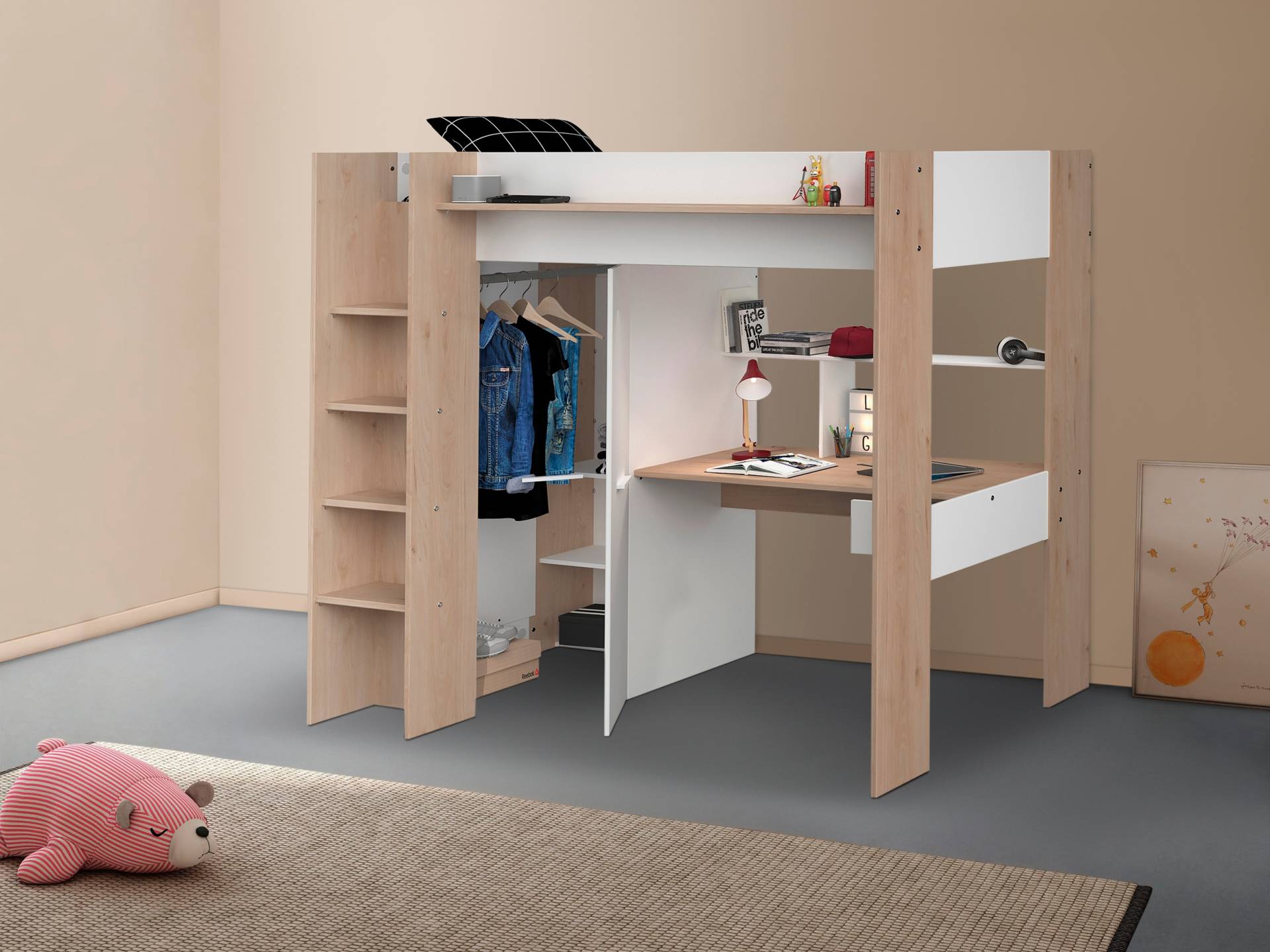 Parisot Hochbett »Heavy«, ALL-IN-ONE, mit Kleiderschrank, Schreibtisch, Leiter, Stauraum von Parisot