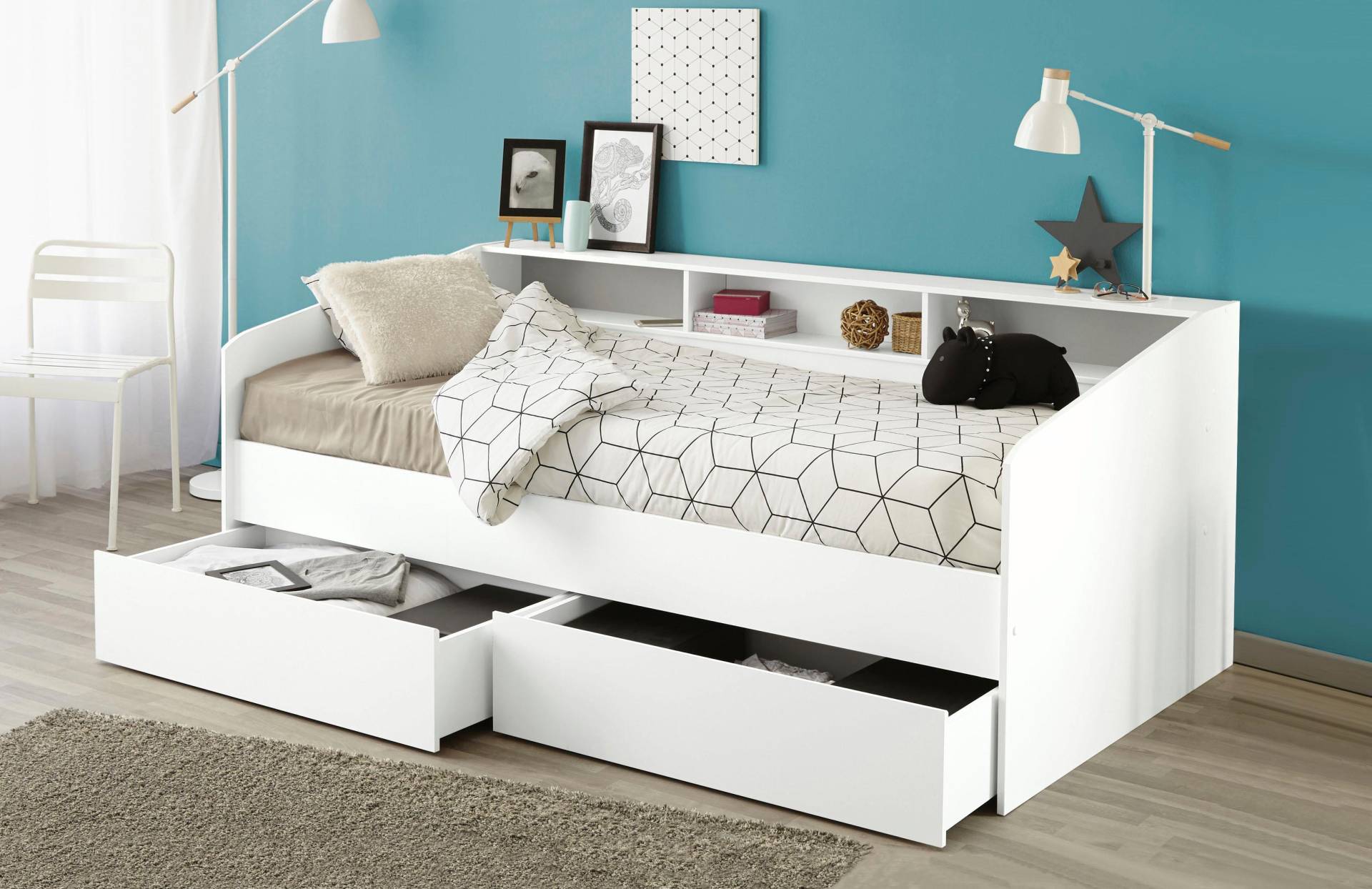 Parisot Stauraumbett »Sleep, Daybed, Kinderbett, Rückwand der Regale drehbar (farbig + weiss)«, inklusive, Regale, Schubkästen, viel Stauraum, TOPSELLLER! von Parisot