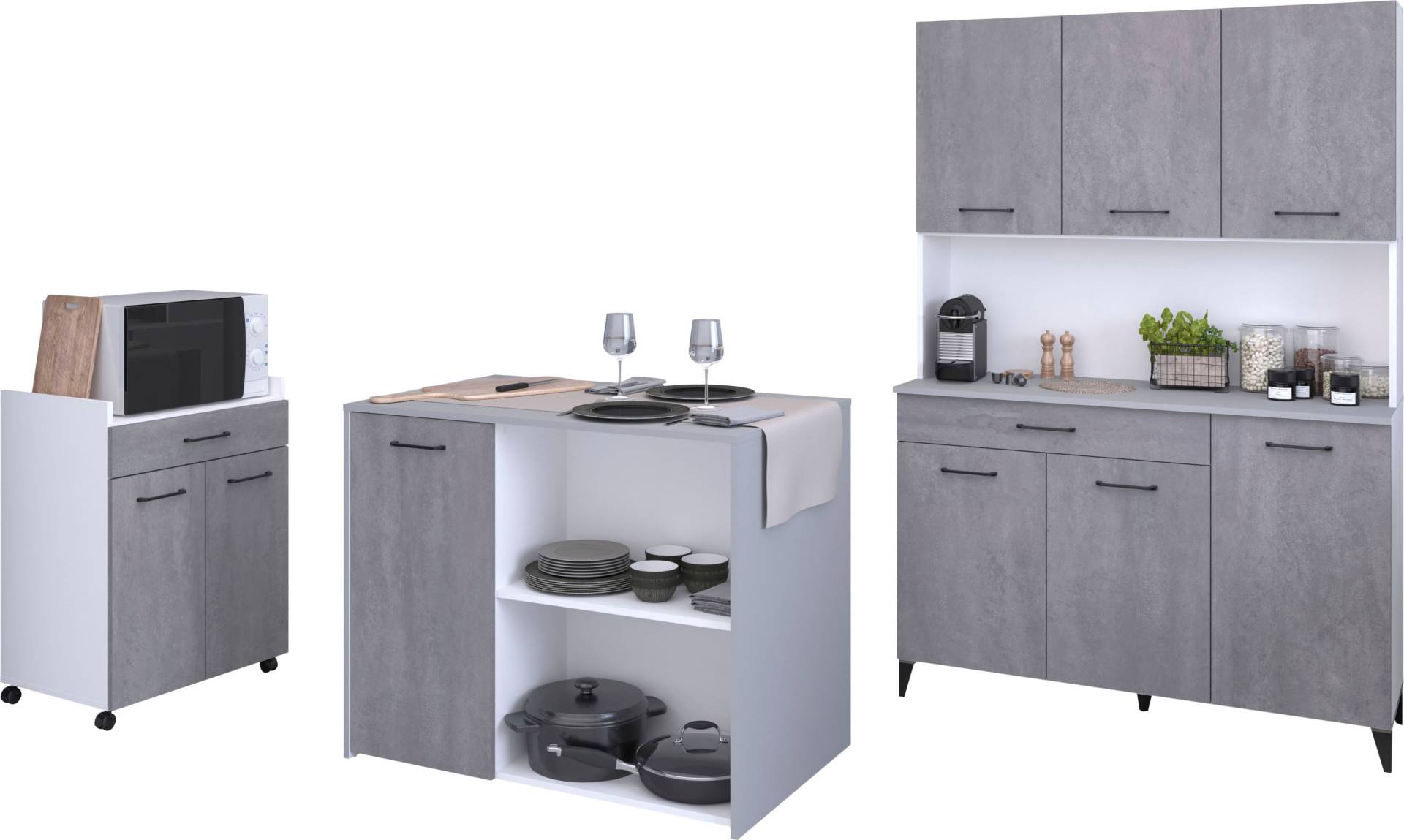 Parisot Mehrzweckschrank-Set »Parisot, Malice 6 - Buffet, Beistellschrank auf Rollen, Insel«, (3 St., 3-teilig, Buffet, Beistellschrank auf Rollen, Beistellschrank/Insel), Beistellschrank auf Rollen, Insel mit Sitzgelegenheit, Beton-Optik von Parisot