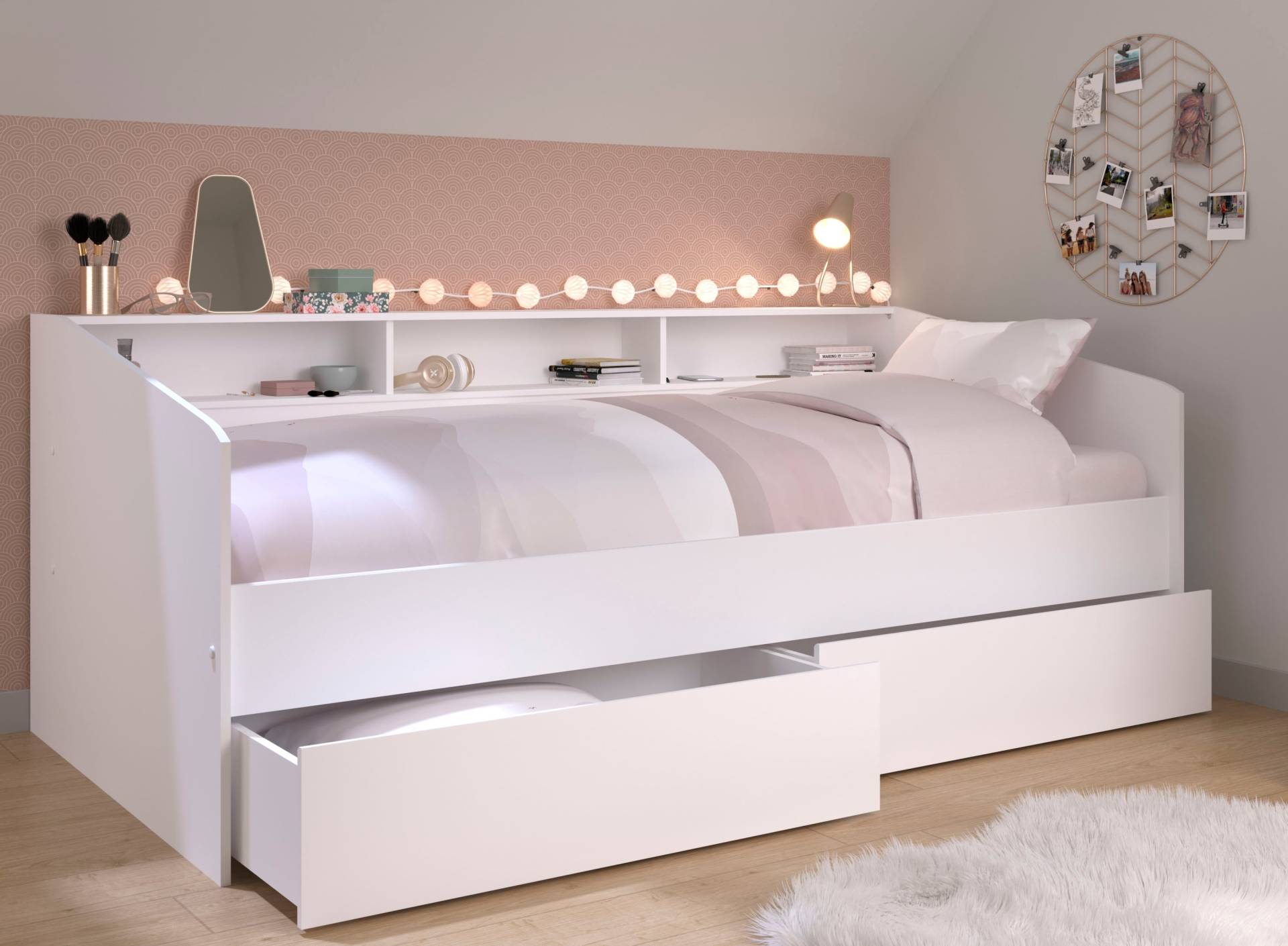 Parisot Stauraumbett »Sleep, Daybed, Kinderbett, Rückwand der Regale drehbar (farbig + weiss)«, inklusive, Regale, Schubkästen, viel Stauraum, TOPSELLLER! von Parisot