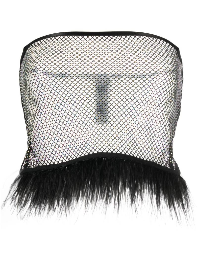 Patrizia Pepe feather-trim rhinestone mesh top - Black von Patrizia Pepe