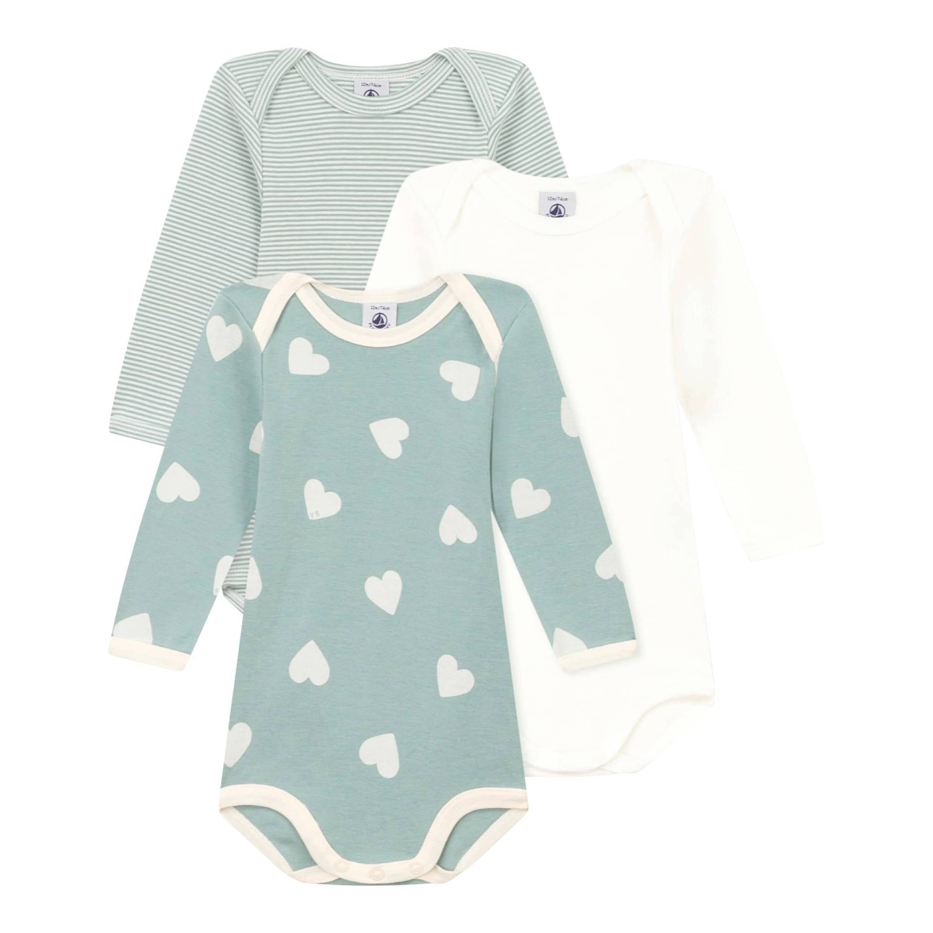 3er-Pack Bodys langarm Herzen Ringel von Petit Bateau