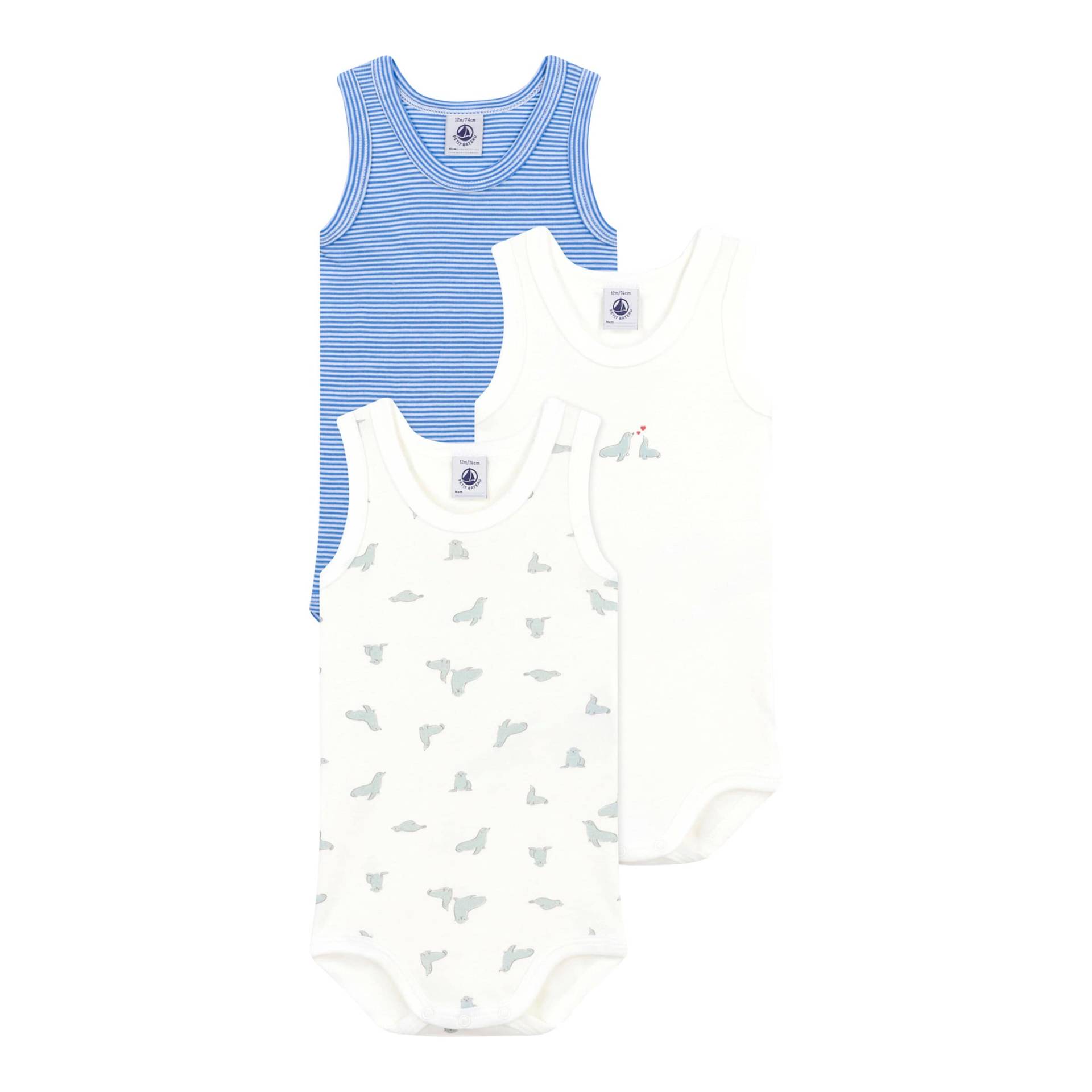 3er-Pack Bodys ohne Arm Robben Ringel 3er-Pack Bodys ohne Arm Robben Ringel von Petit Bateau