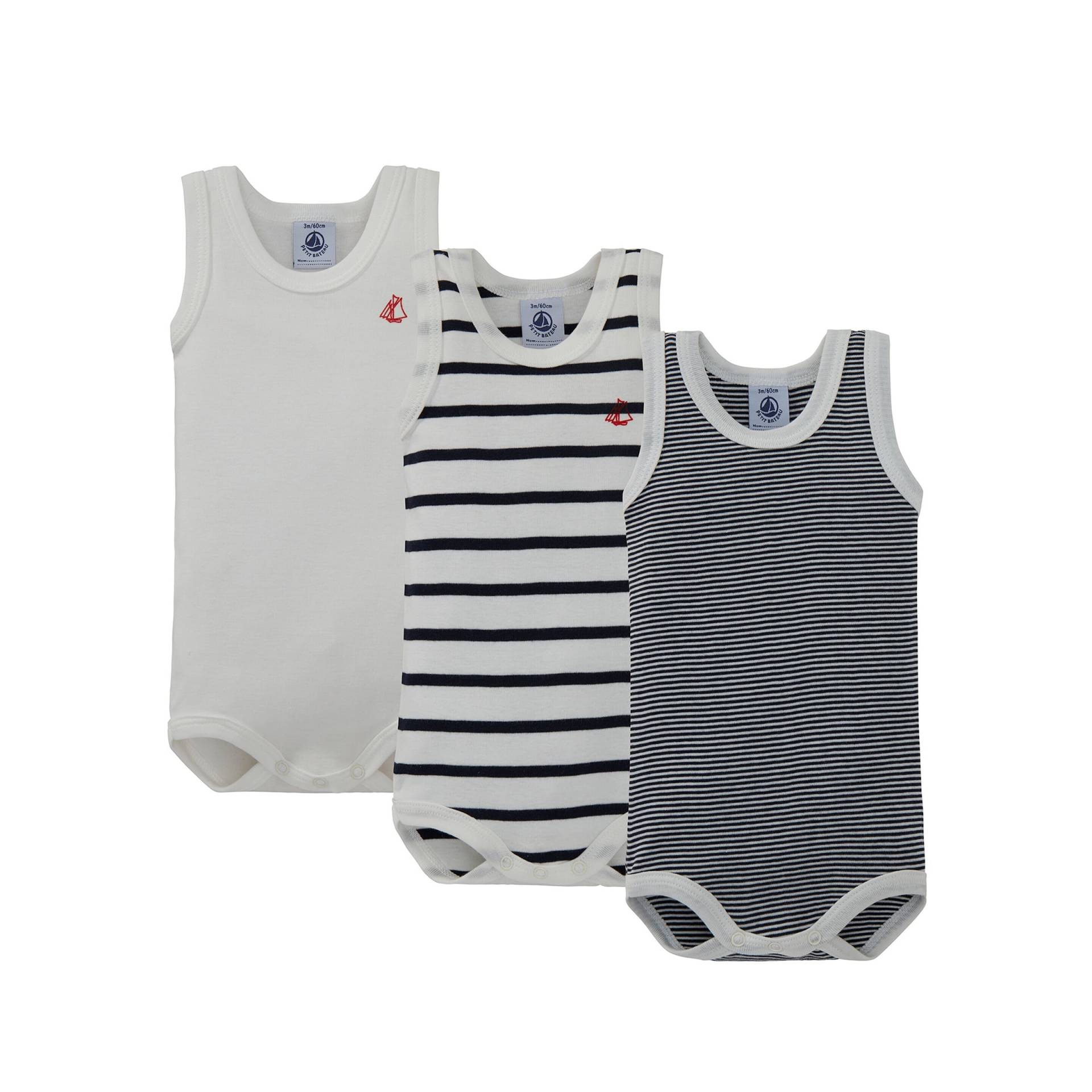 3er-Pack Bodys ohne Arm Uni Ringel Streifen von Petit Bateau