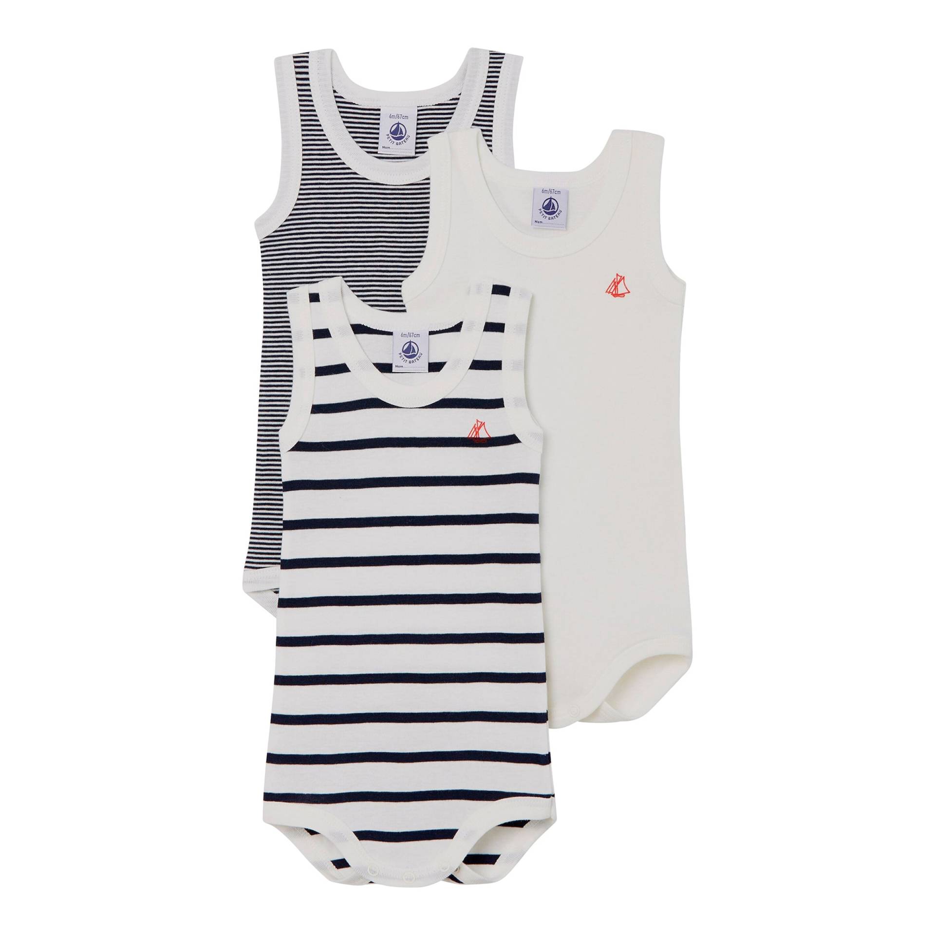 3er-Pack Bodys ohne Arm Uni Ringel von Petit Bateau